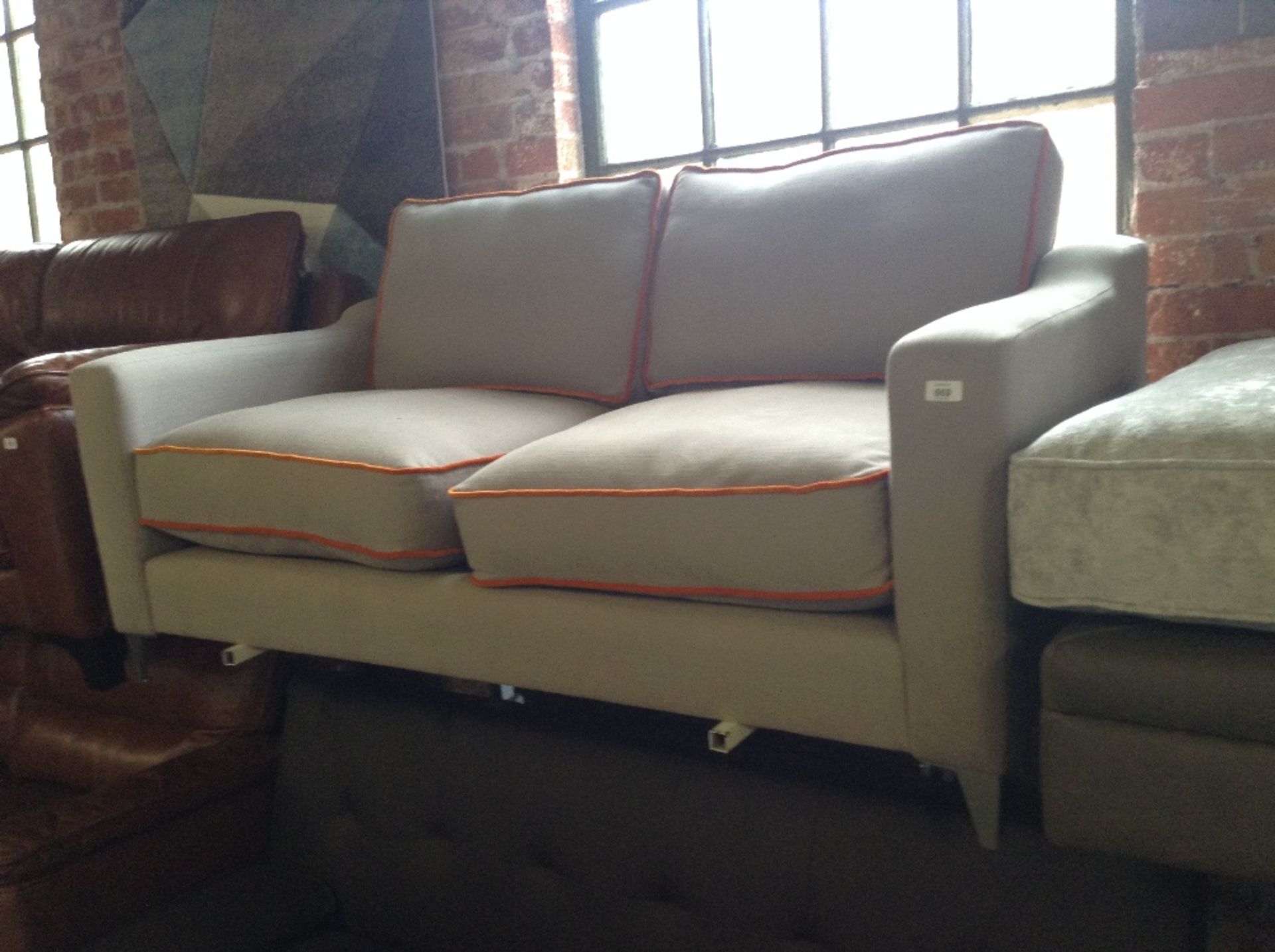 GREY FABRIC 2 SEATER SOFA WITH ORANGE BEADING