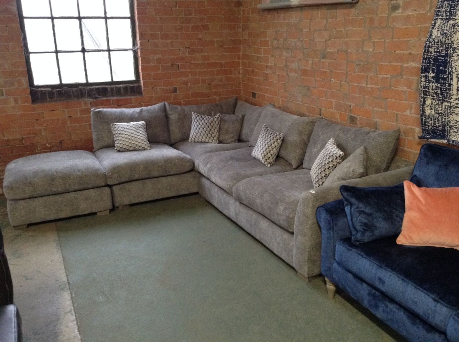 GREY 2 PART CORNER GROUP AND LARGE FOOTSTOOL