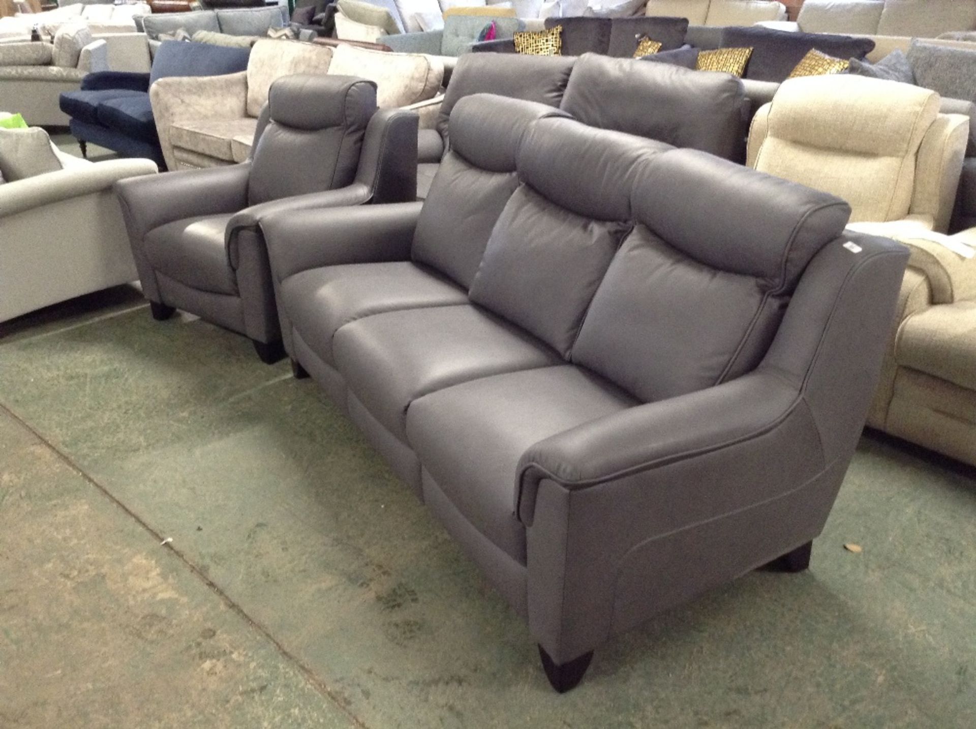 GREY LEATHER HIGH BACK 3 SEATER SOFA AND CHAIR (TR