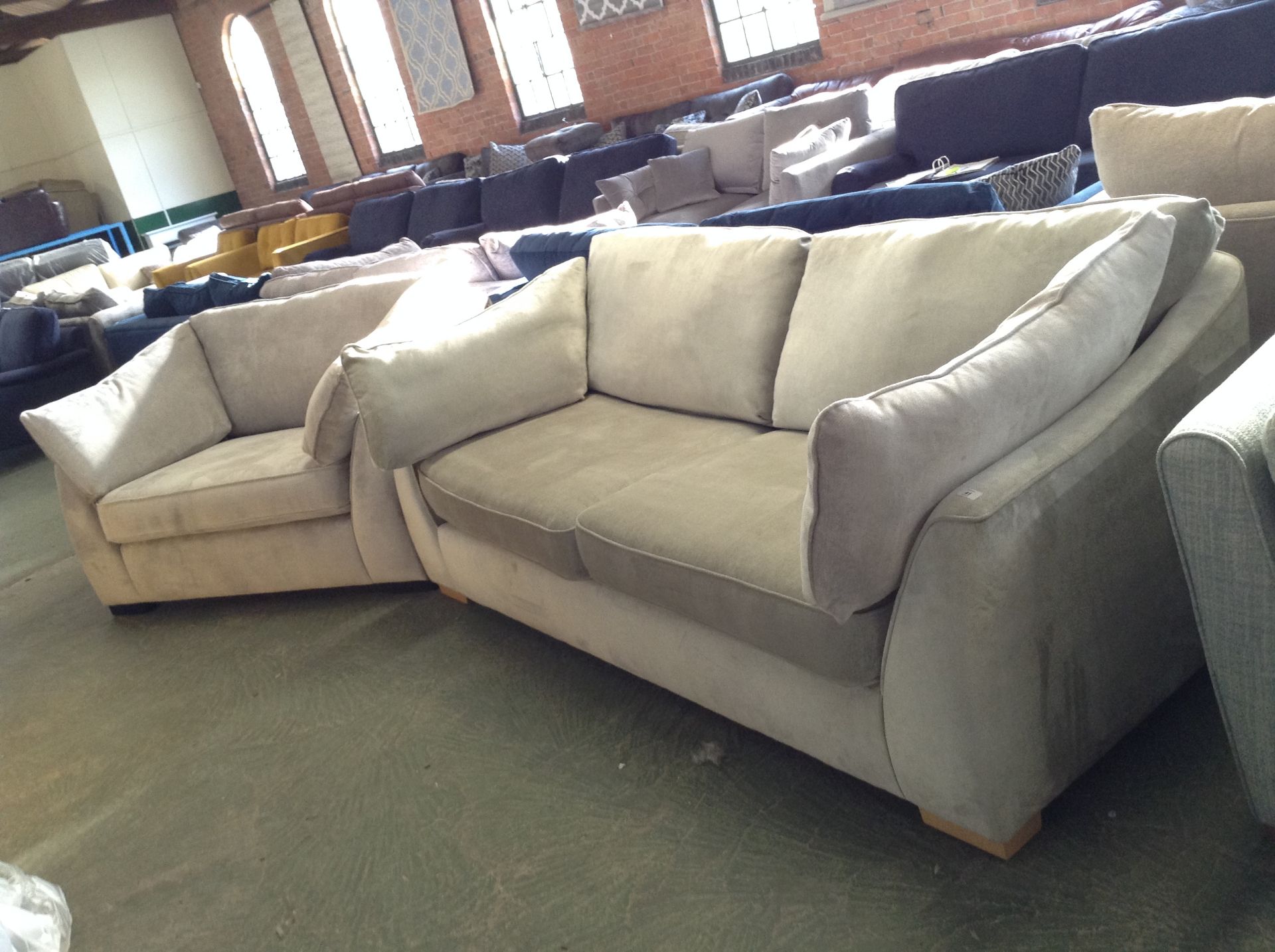 SILVER PATTERNED 3 SEATER SOFA AND CHAIR ((DIRTY O