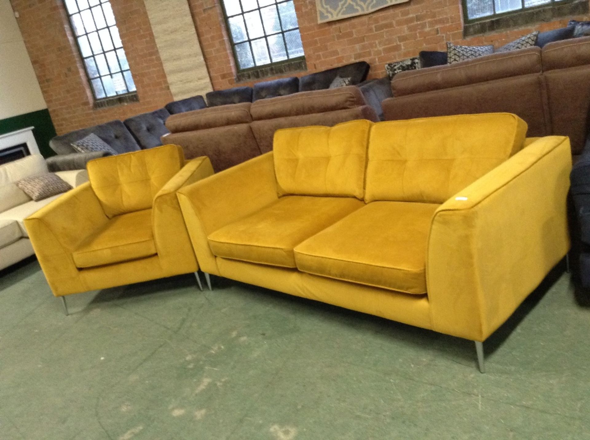 MUSTARD FABRIC LARGE 3 SEATER SOFA AND CHAIR