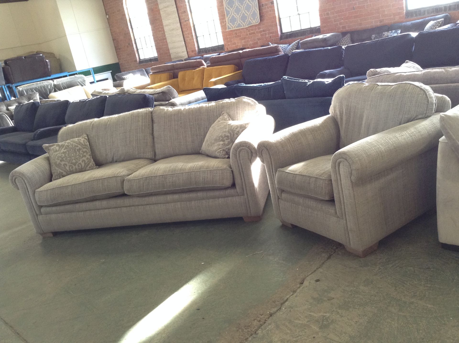 SILVER PATTERNED 3 SEATER SOFA AND CHAIR