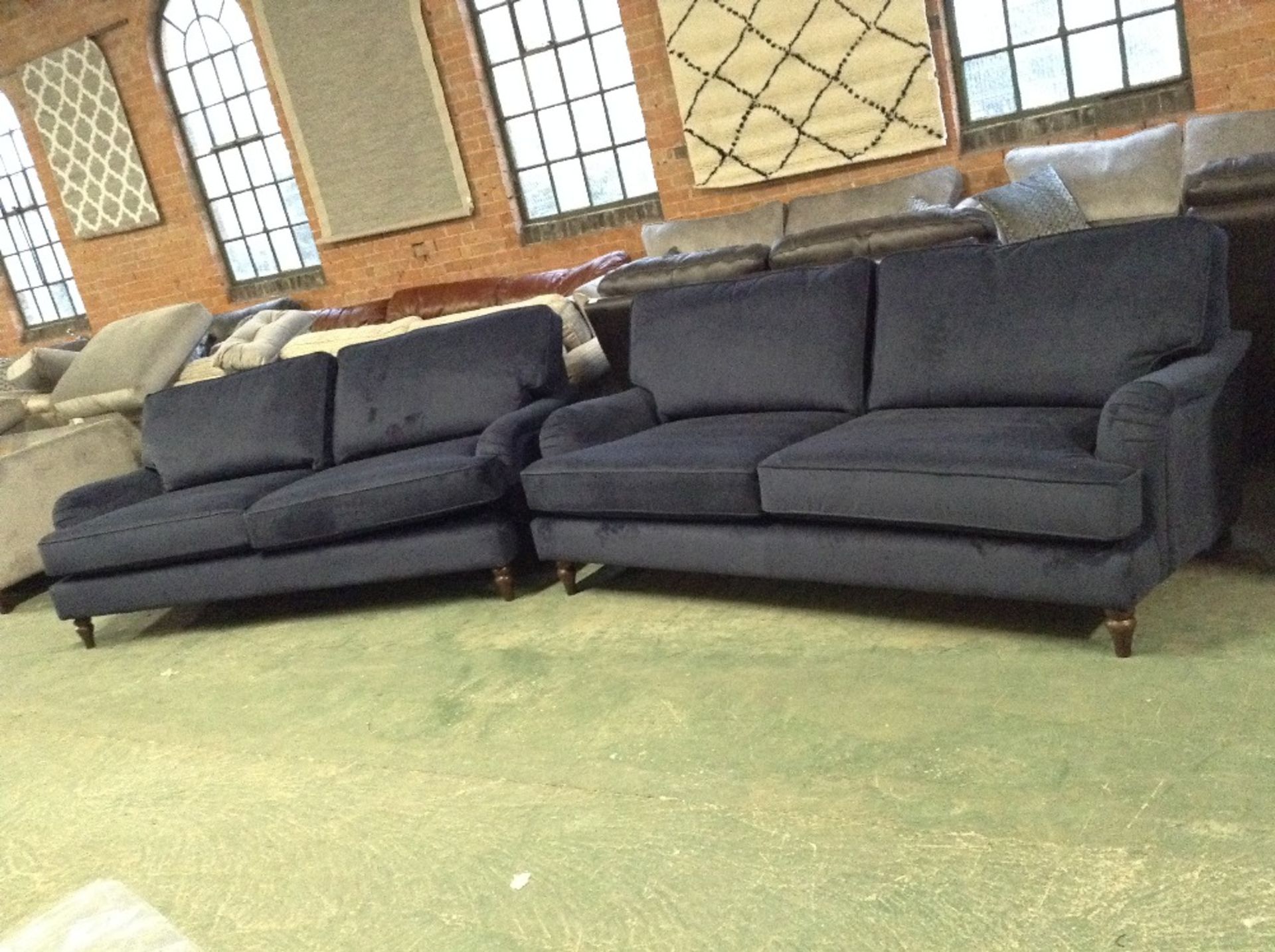 EX SHOWROOM 2 X BLUE FABRIC 3 SEATER SOFAS