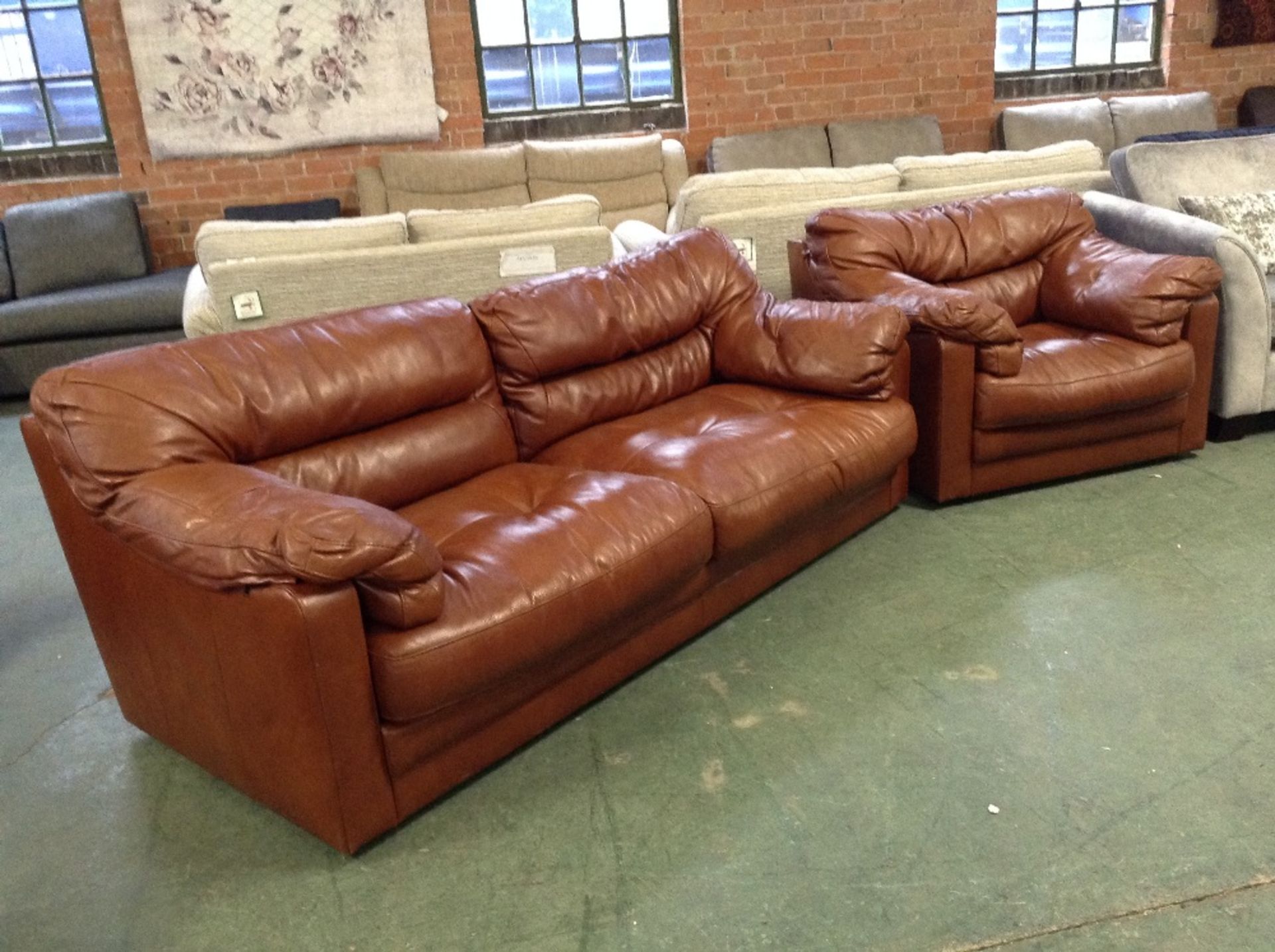 TAN LEATHER 3 SEATER SOFA AND CHAIR (LEATHER PEELI