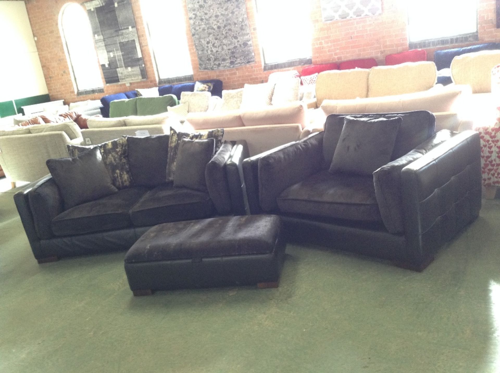 BLACK HALF HIDE 2 SEATER SOFA SNUG CHAIR AND FOOTS