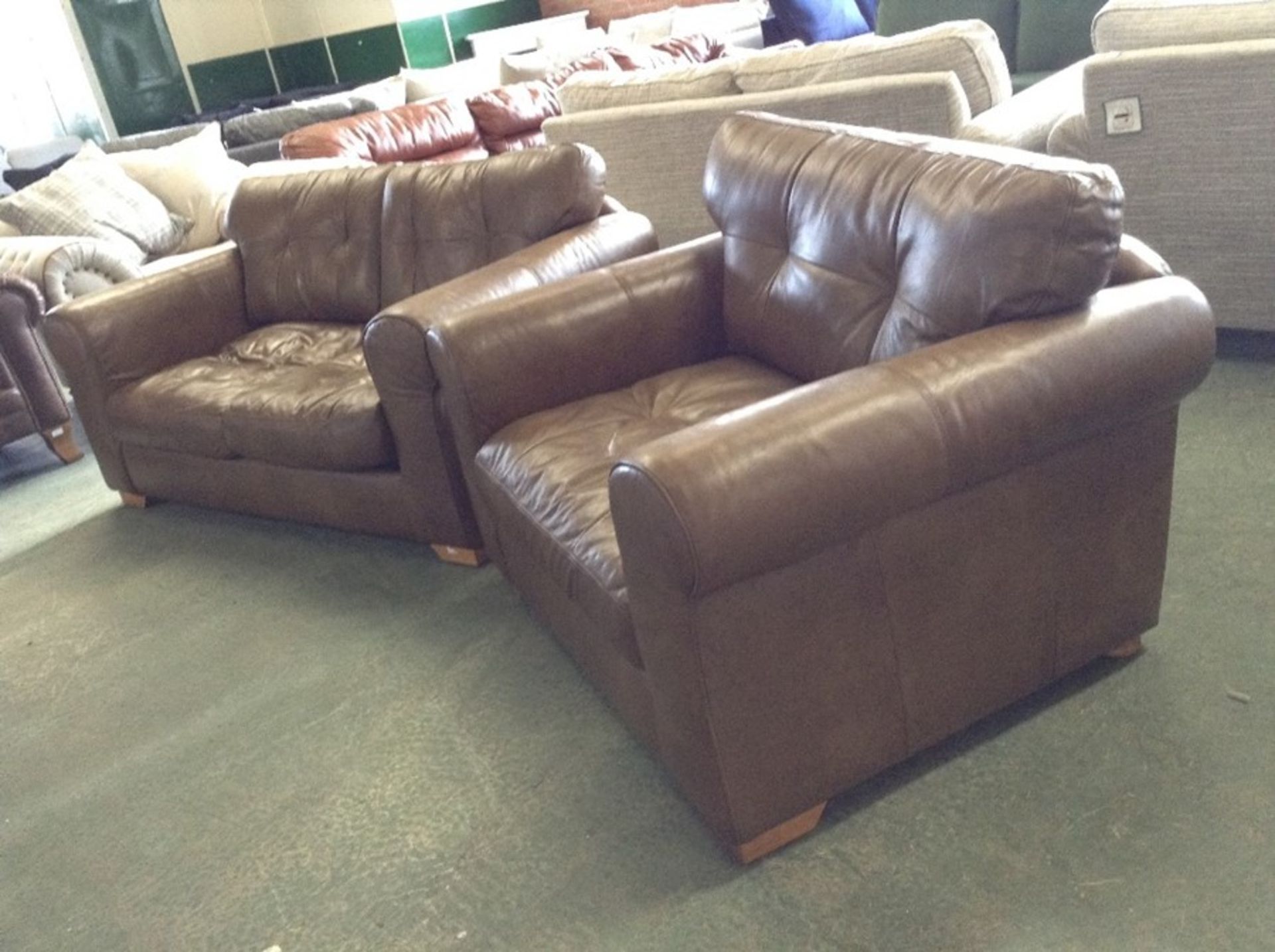 BROWN LEATHER 2 SEATER SOFA AND SNUG CHAIR (ST31-138972-35-36)