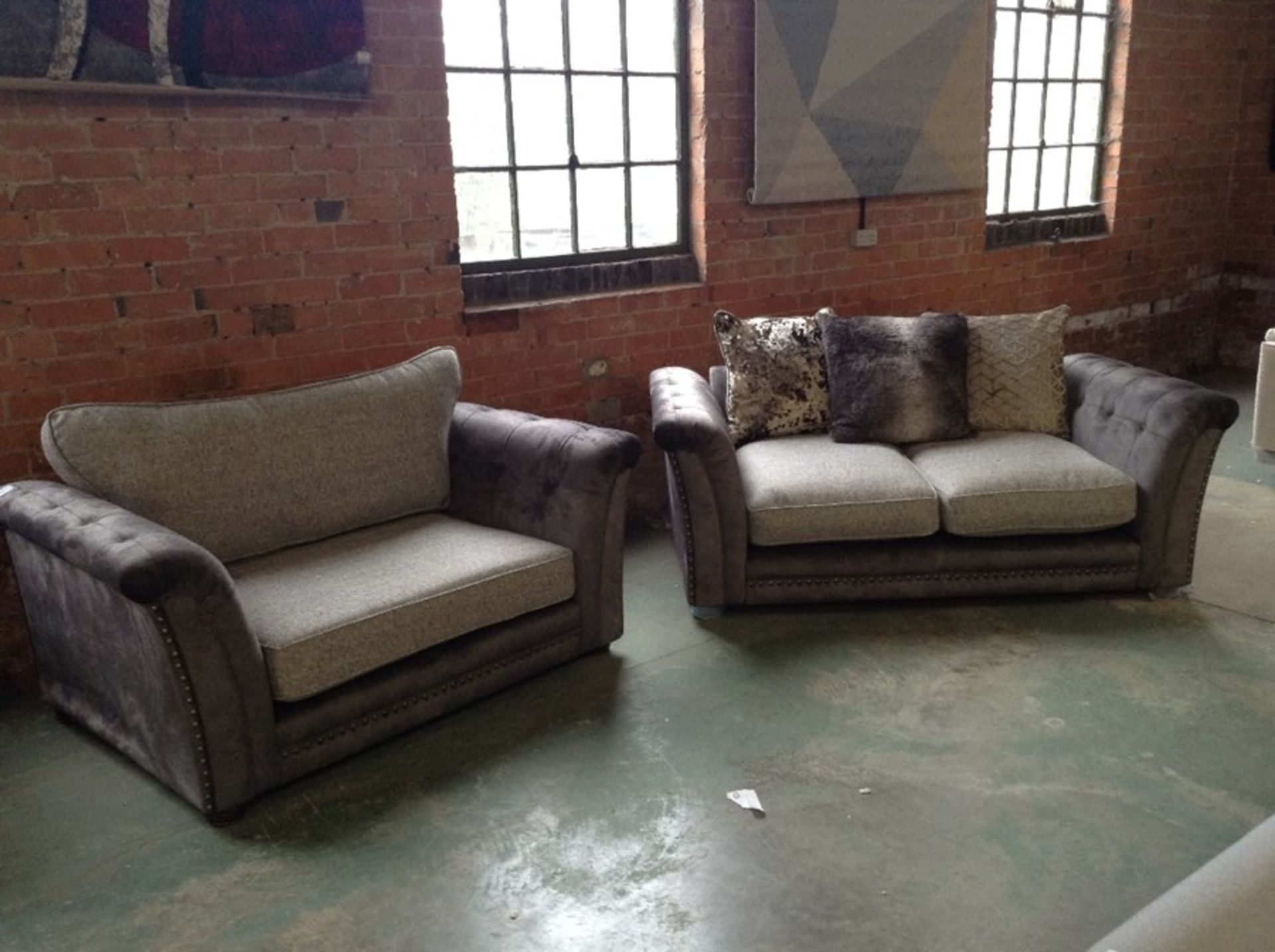 GREY SADLE AND GREY FABRIC 2 SEATER SOFA AND SNUG