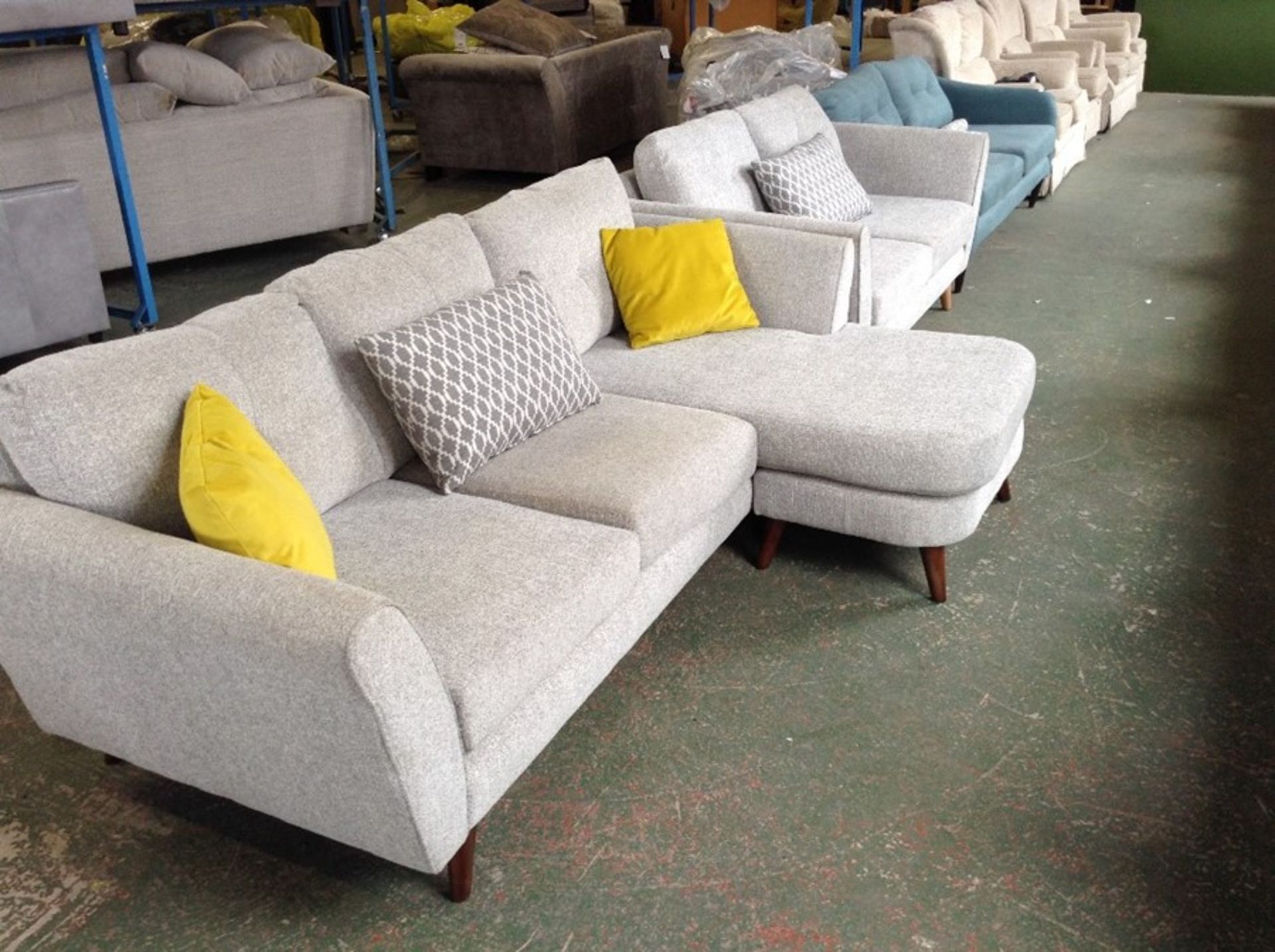 GREY PATTERED FABRIC 3 SEATER CHAISE AND 2 SEATER