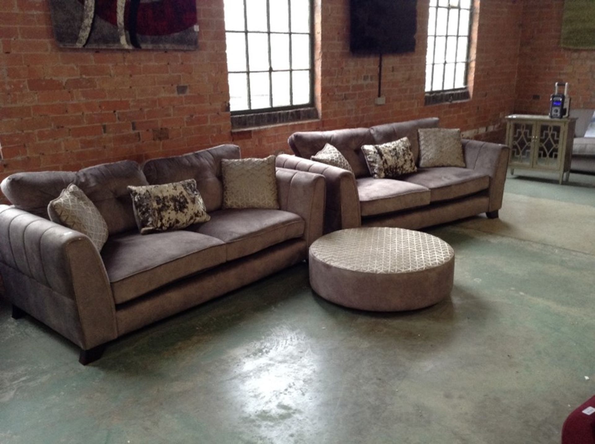 BEIGE SADDLE 2 X THREE SEATER SOFAS AND SWIVELLING