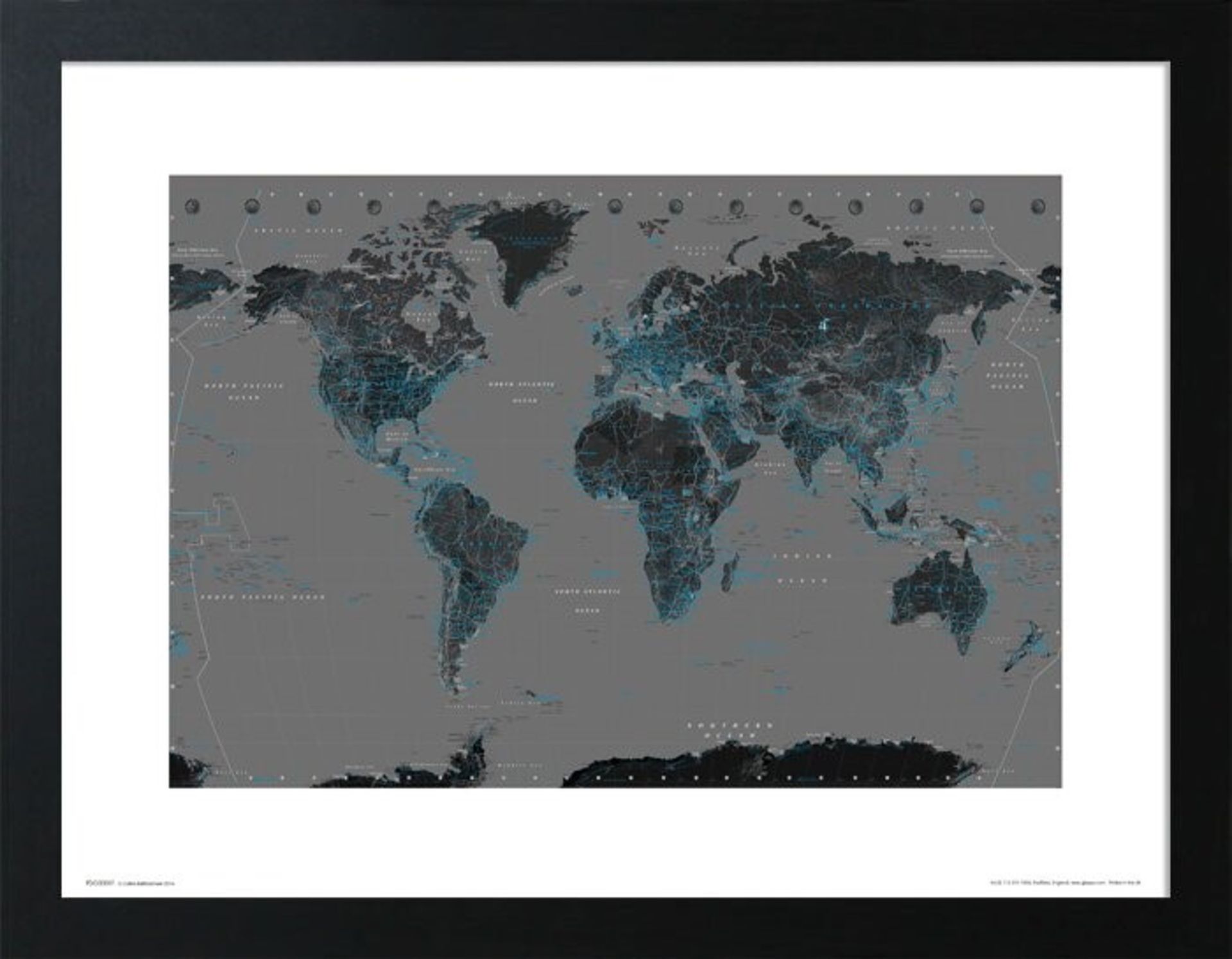 East Urban Home, World Map Black Blue' Framed Graphic Art Print (BLACK FRAME) - RRP £29.99 (HVO26966