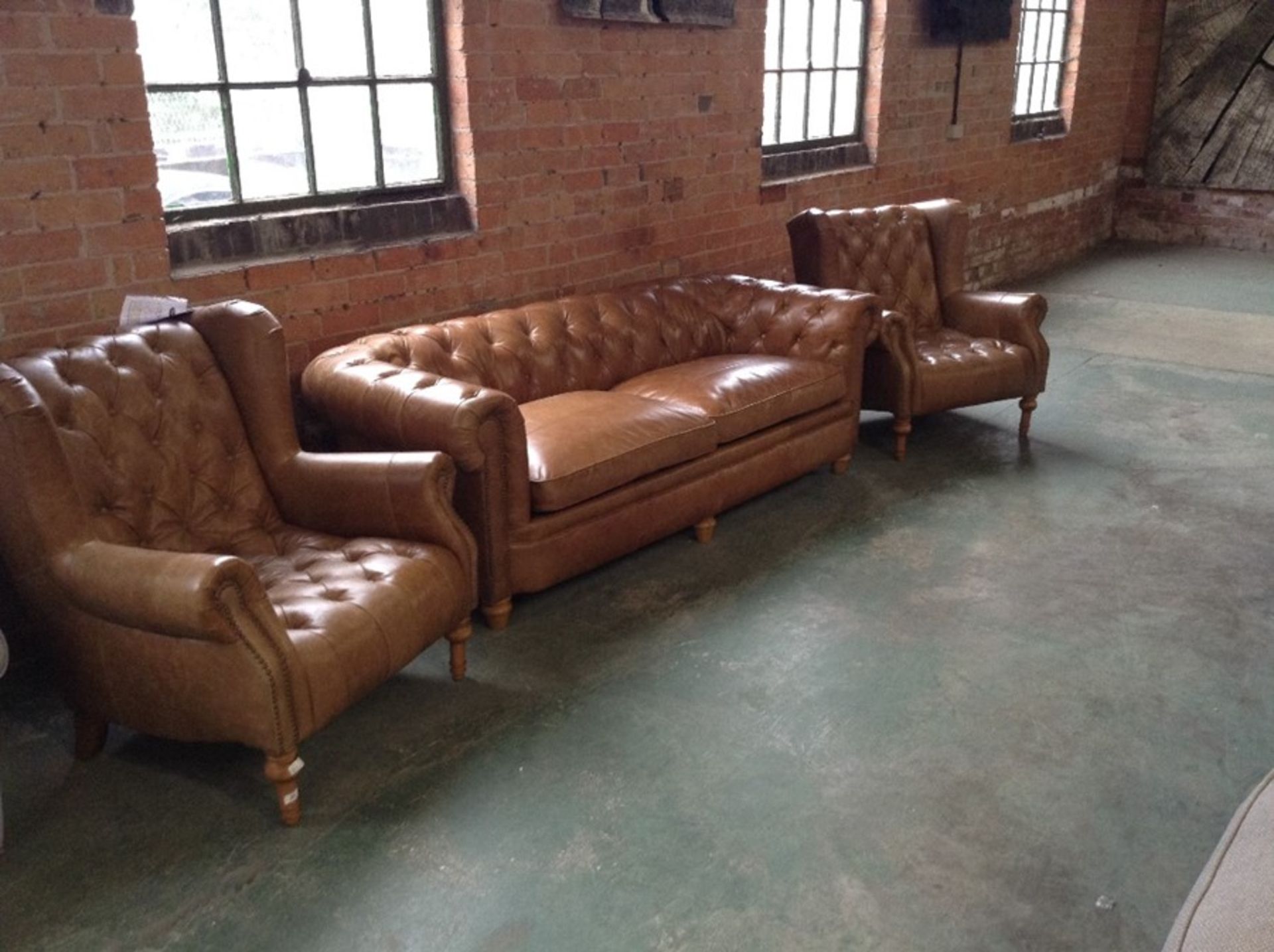 TAN LEATHER CHESTERFIELD 3 SEATER SOFA AND 2 WING
