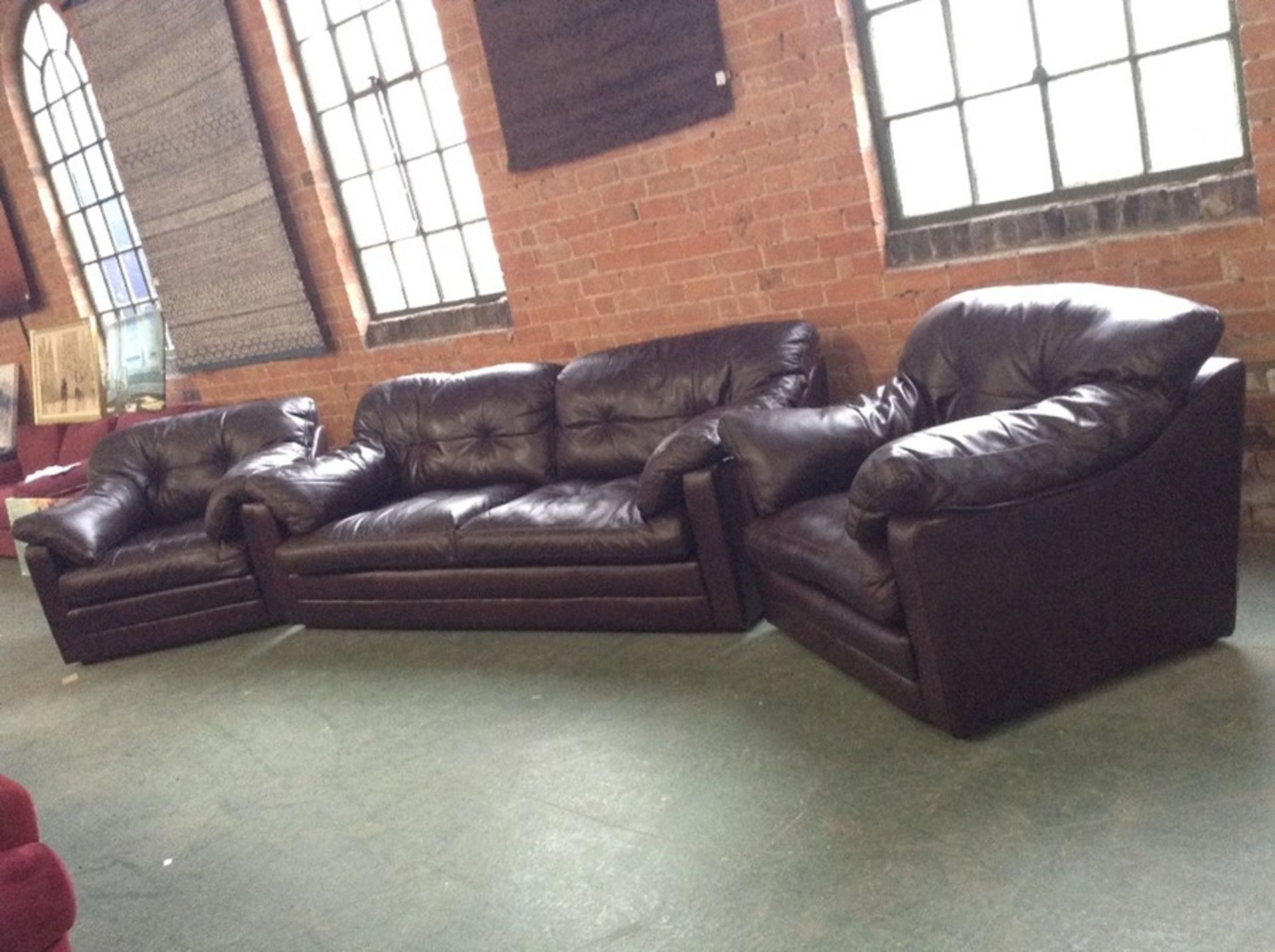 BROWN LEATHER 3 SEATER SOFA AND 2 CHAIRS (ST44-125