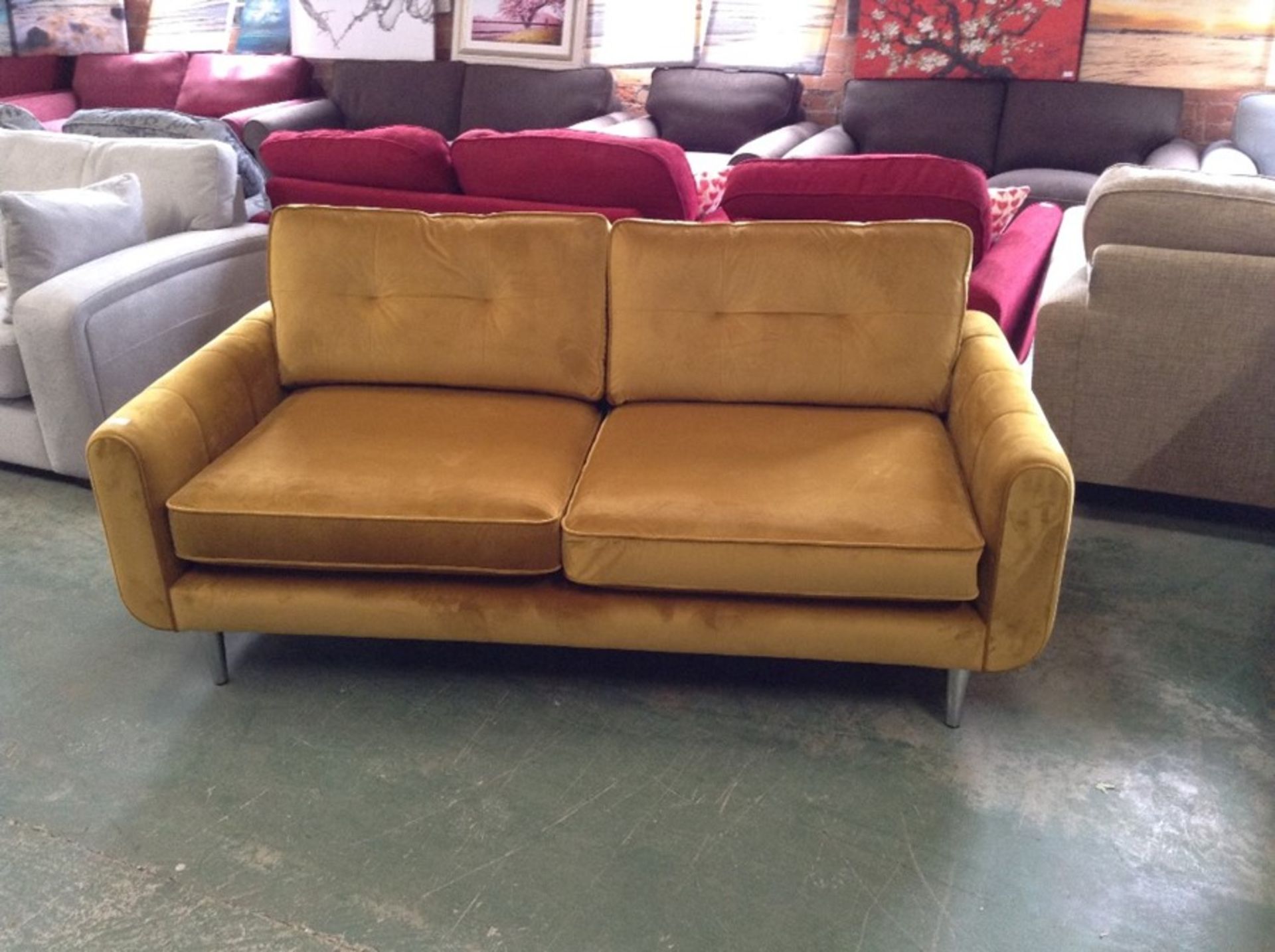 EX SHOWROOM YELLOW VELVET 3 SEATER SOFA (W3-J965)