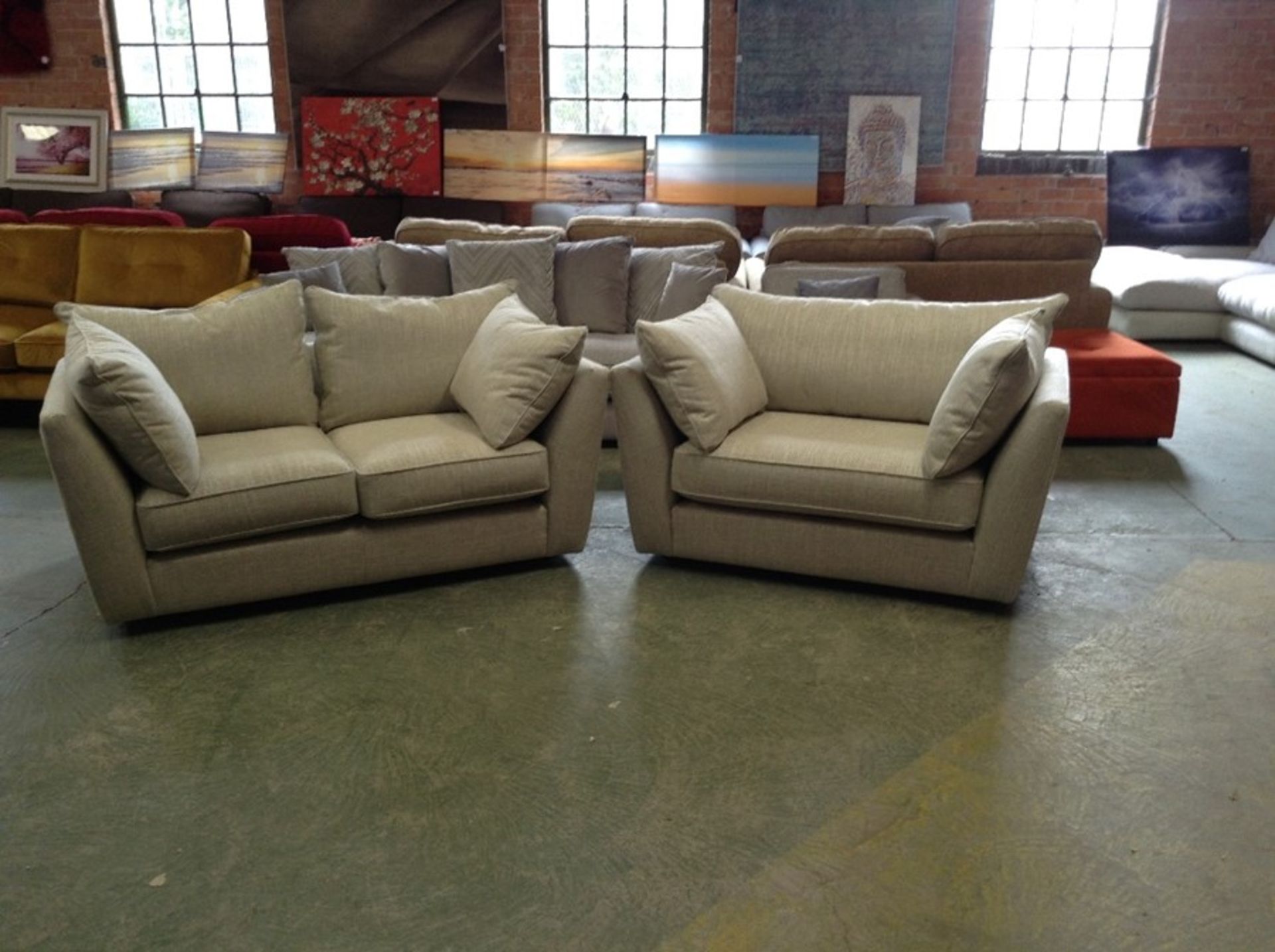 EX SHOWROOM BISCUIT FABRIC 2 SETAER SOFA AND CHAIR