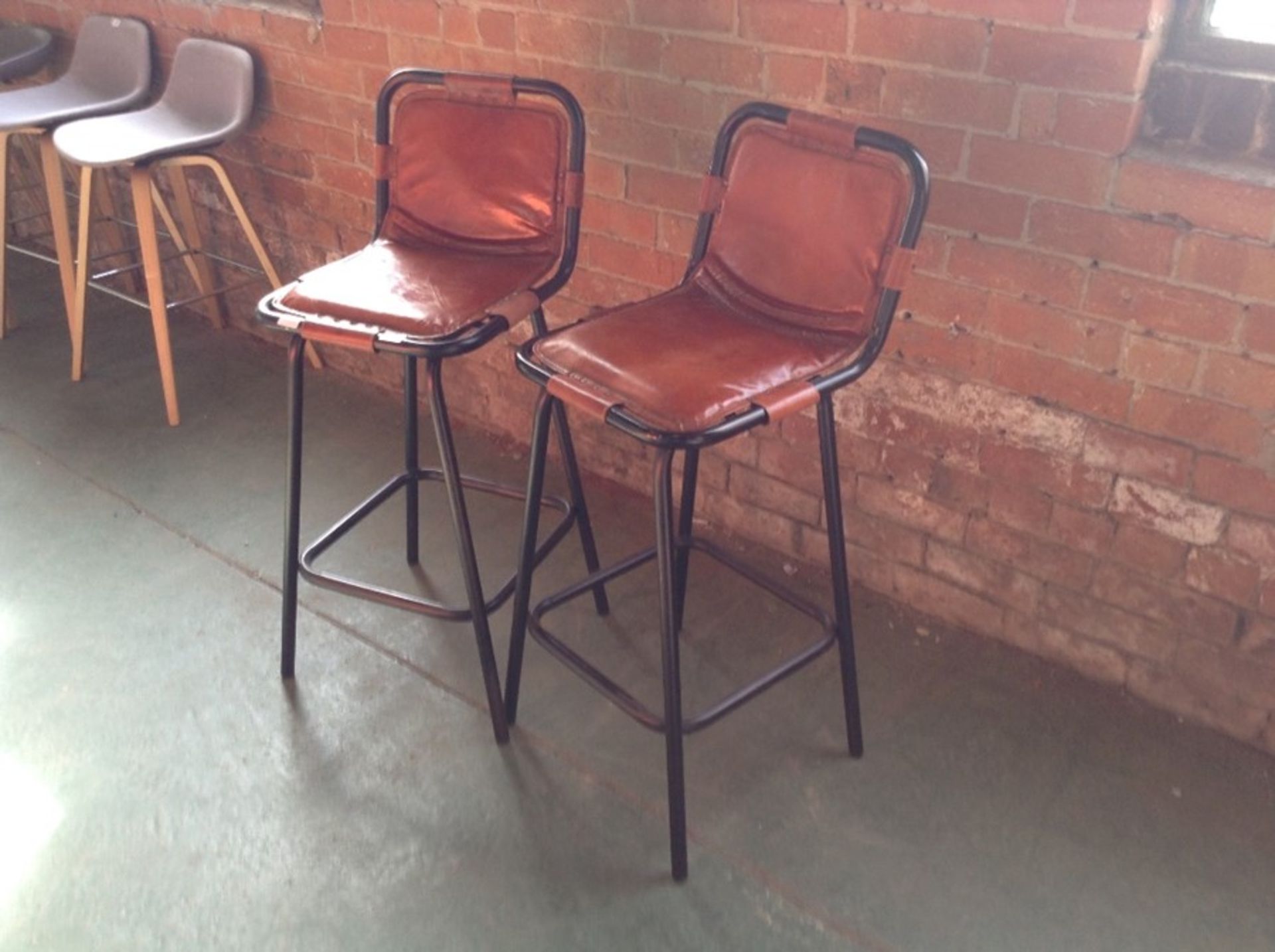 PAIR OF TAN LEATHER BAR STOOLS (11)(RETURN)