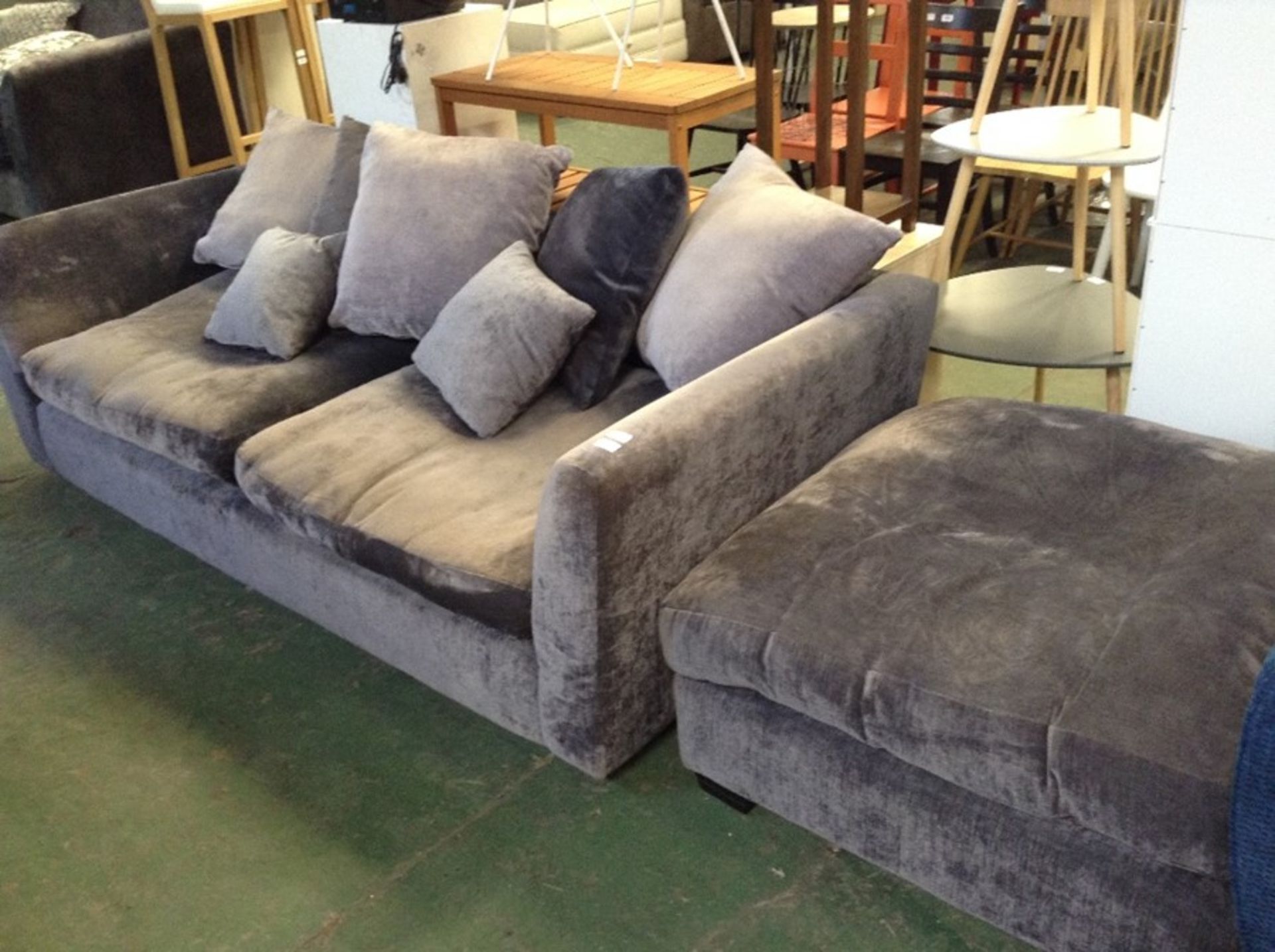 GREY FABRIC 3 SEATER SOFA AND FOOTSTOOL (FADED)