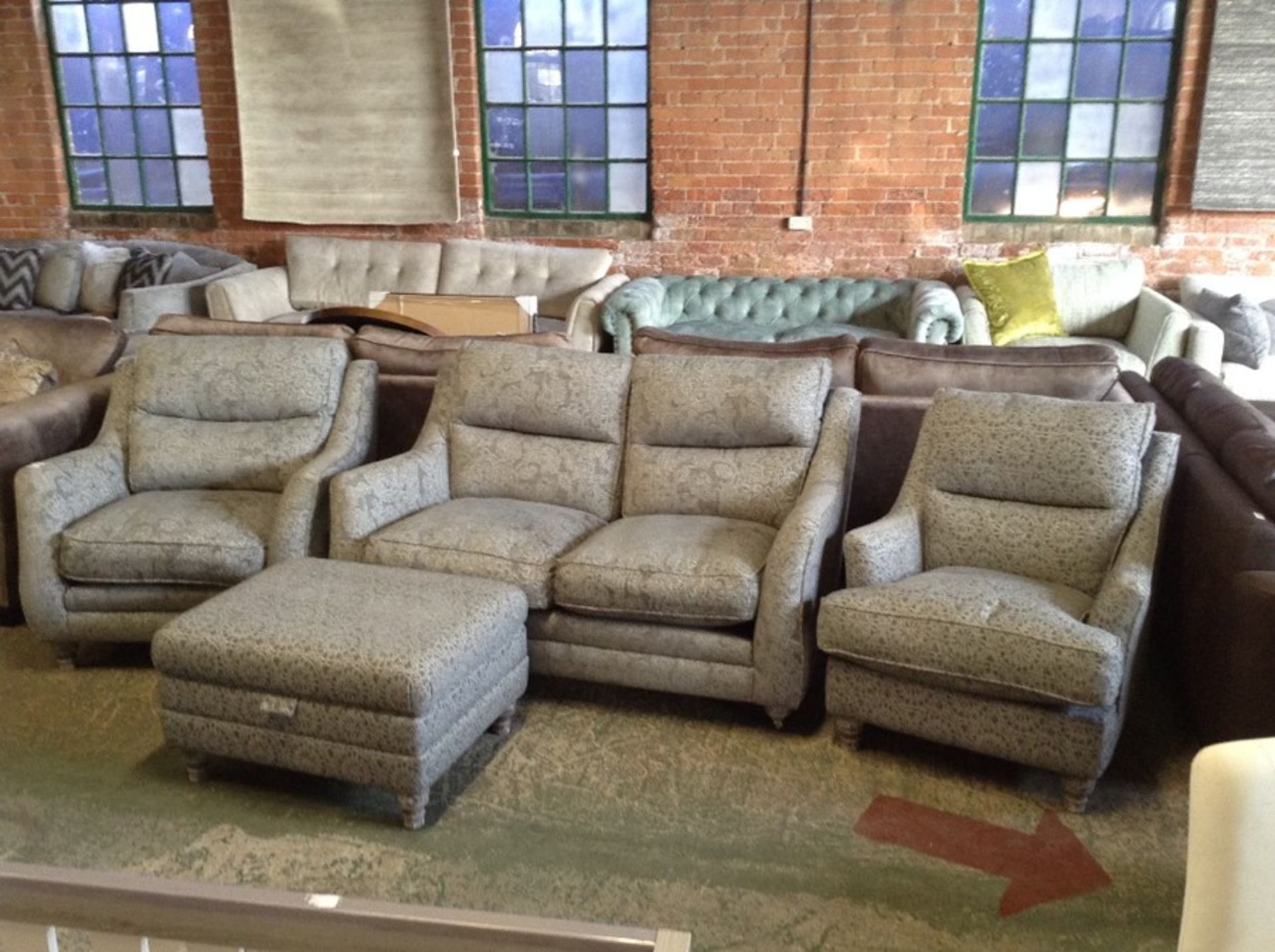 GREY FLORAL HIGH BACK 2 SEATER SOFA 2 X CHAIRS AND