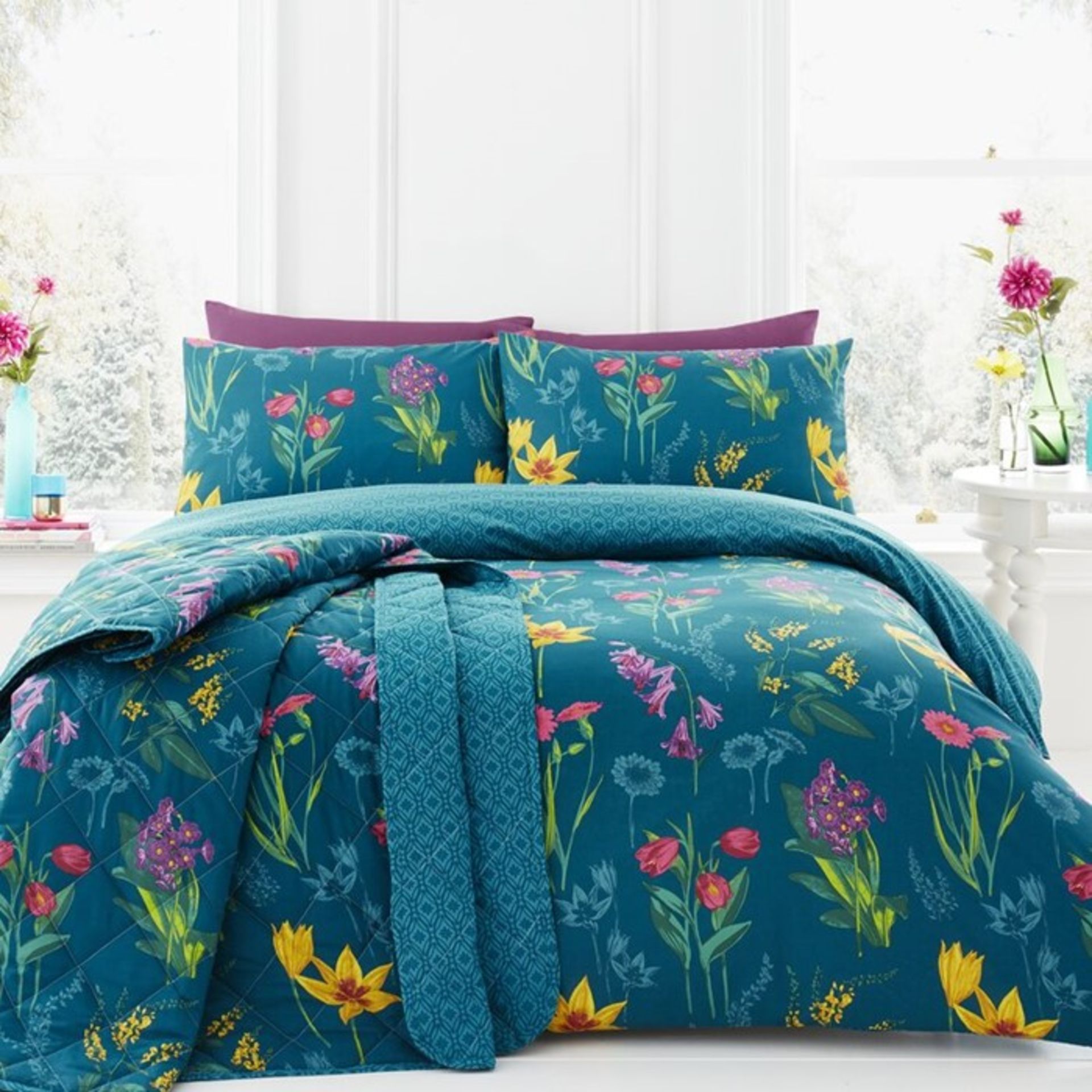 17 Stories, Colourful Flower Bouquets Face and Geometric Duvet Cover Set (TEAL)(KING) - RRP £23. - Image 2 of 2