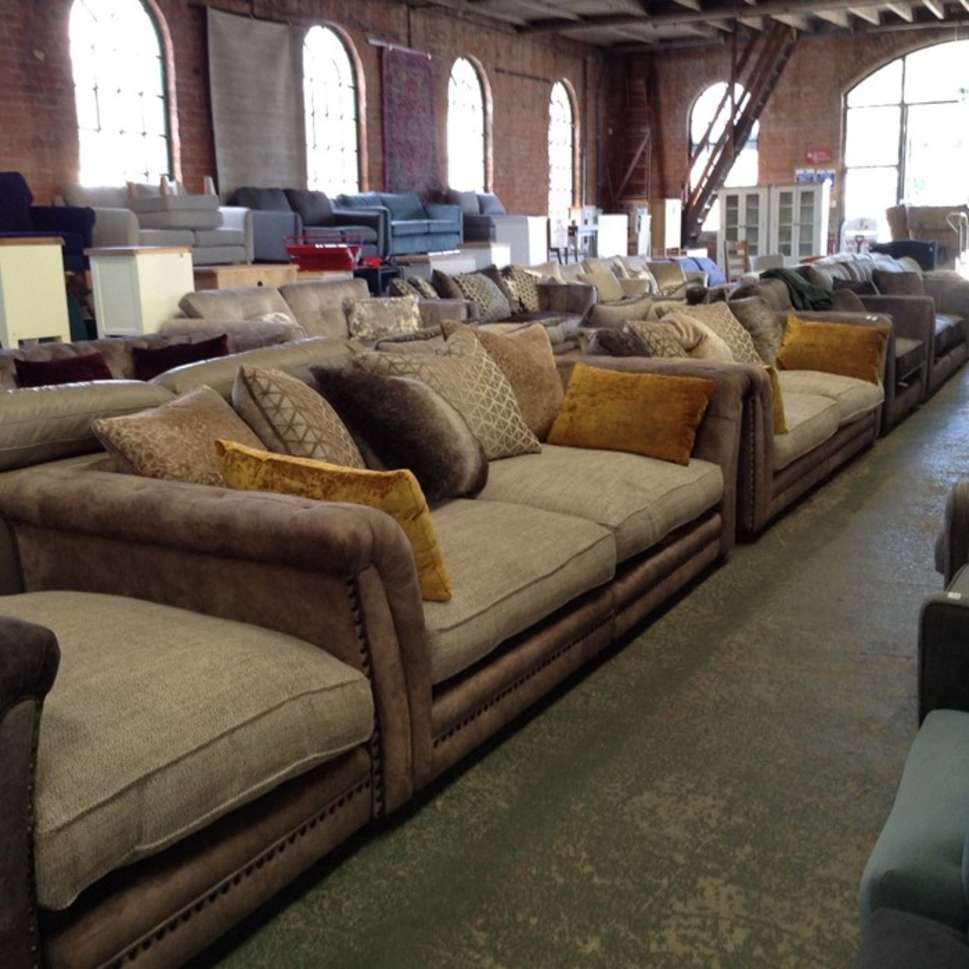 BROWN HALF HIDE AND BEIGE FABRIC 2 X 4 SEATER SOFA