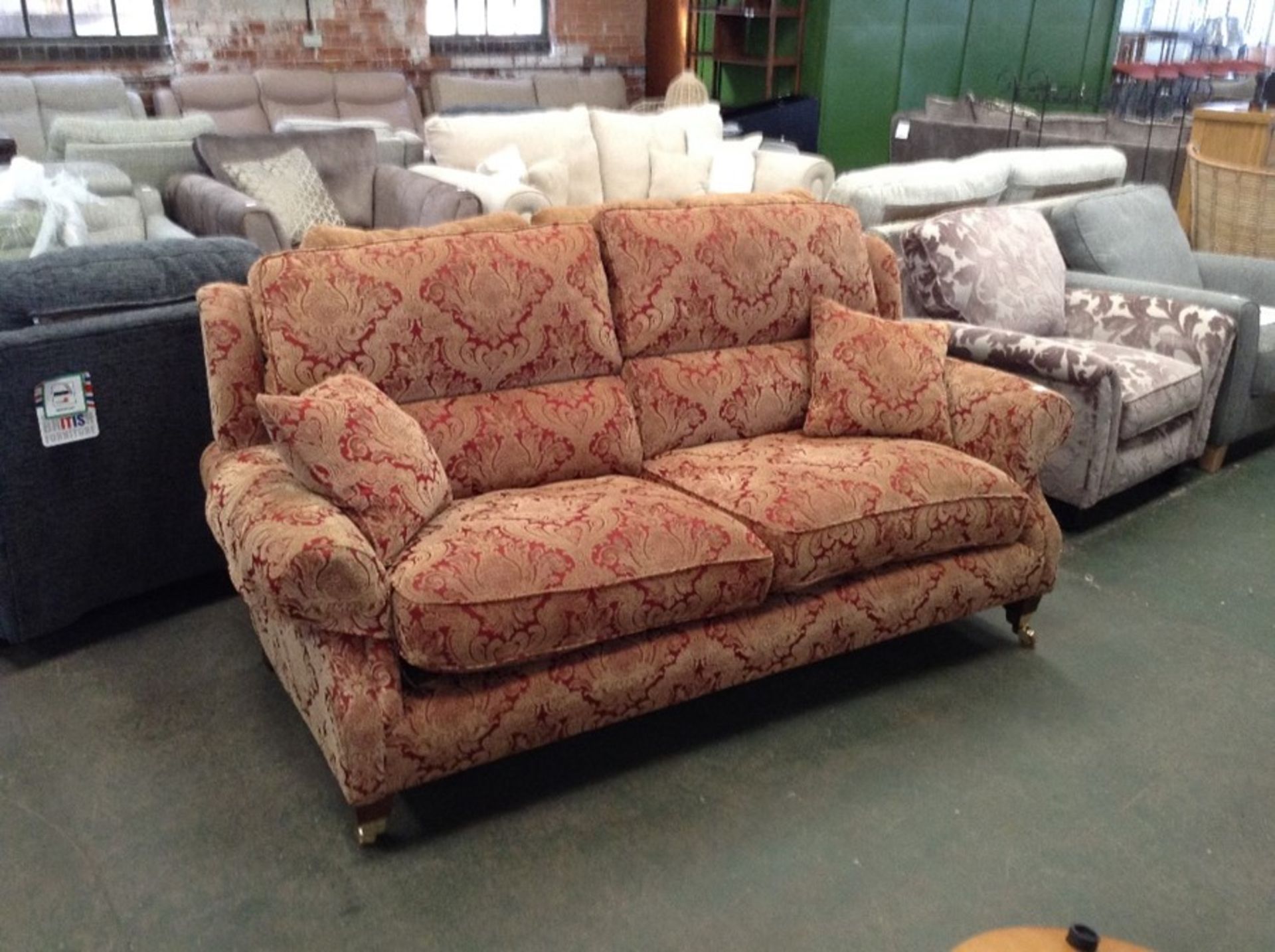 RED AND GOLD FLORAL PATTERN HIGH BACK 3 SEATER SOF
