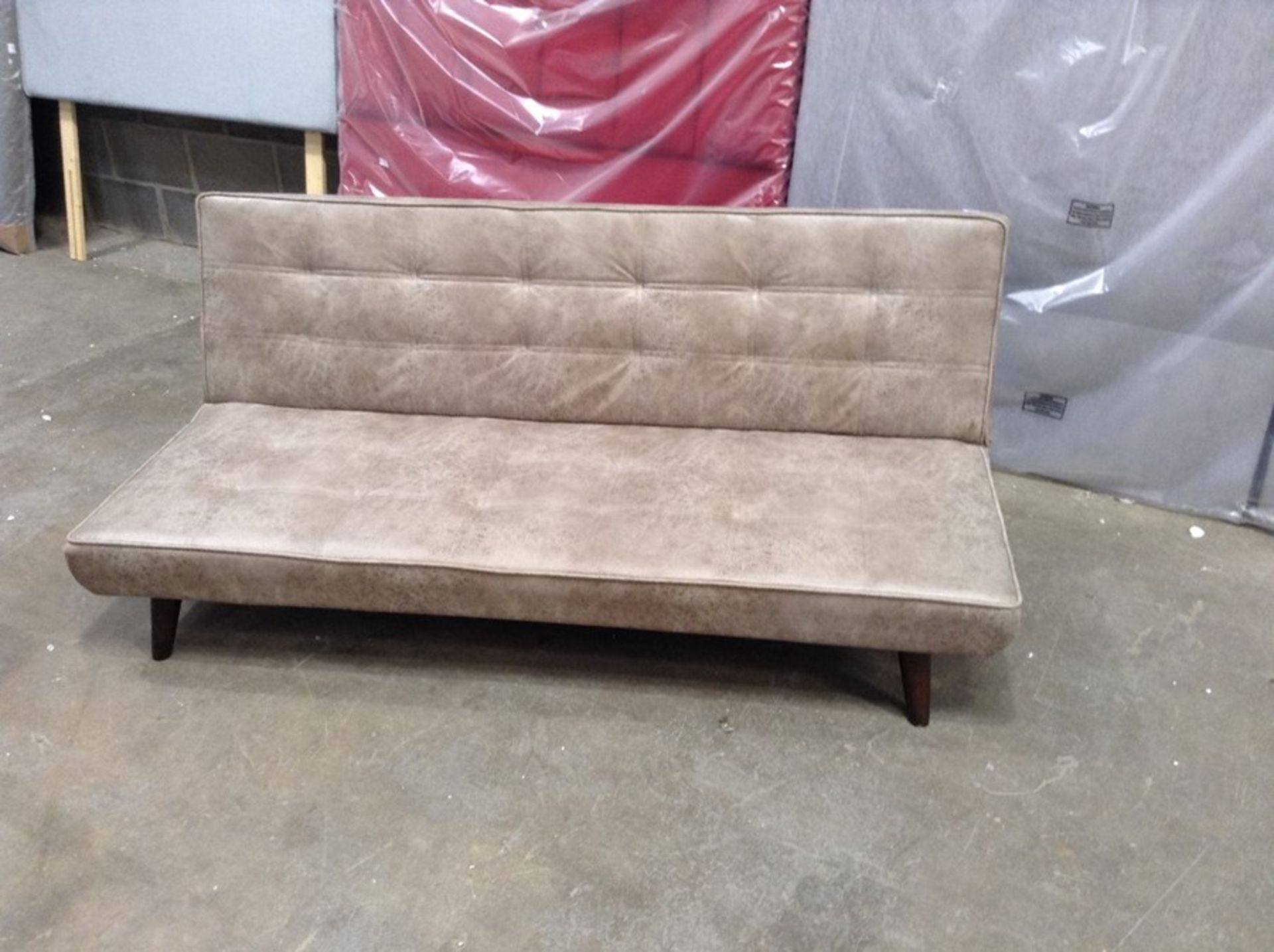 BEIGE SADDLE CLICK CLACK SOFA BED (RIP ON CORNER)