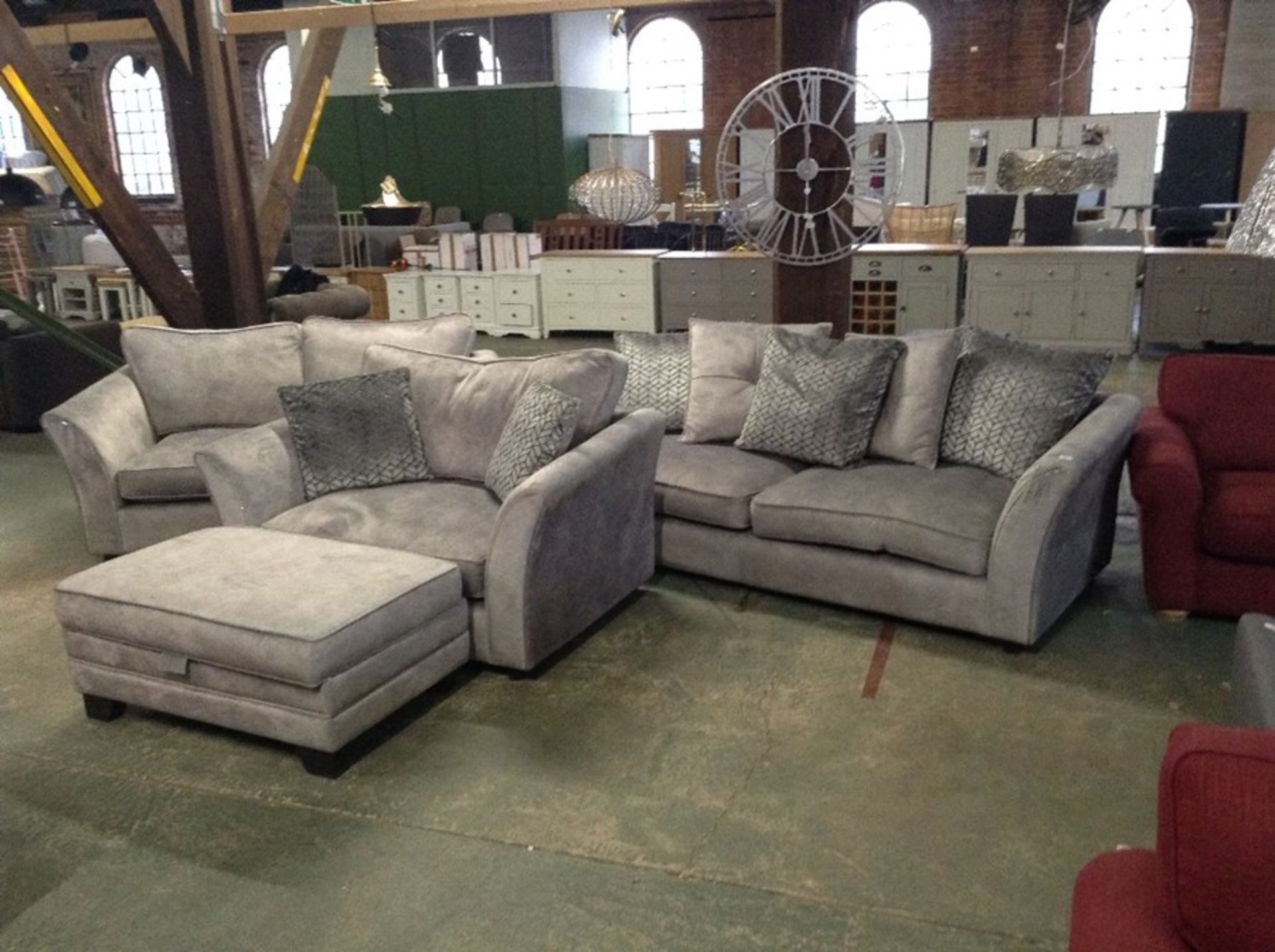 GREY SADDLE 3 SEATER SOFA 2 SEATER SOFA CHAIR AND