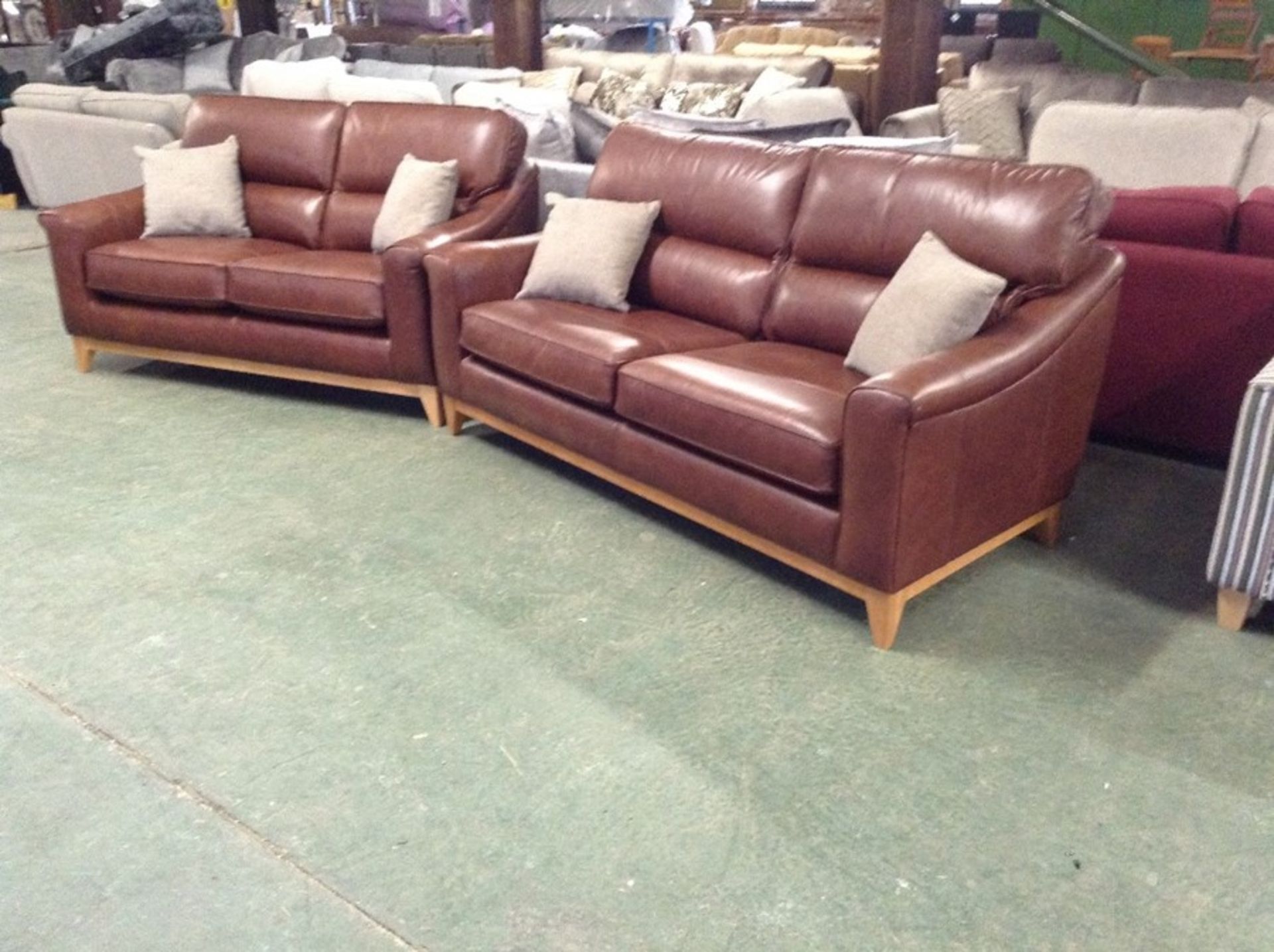 BROWN LEATHER 3 SEATER SOFA AND 2 SEATER SOFA (SCU