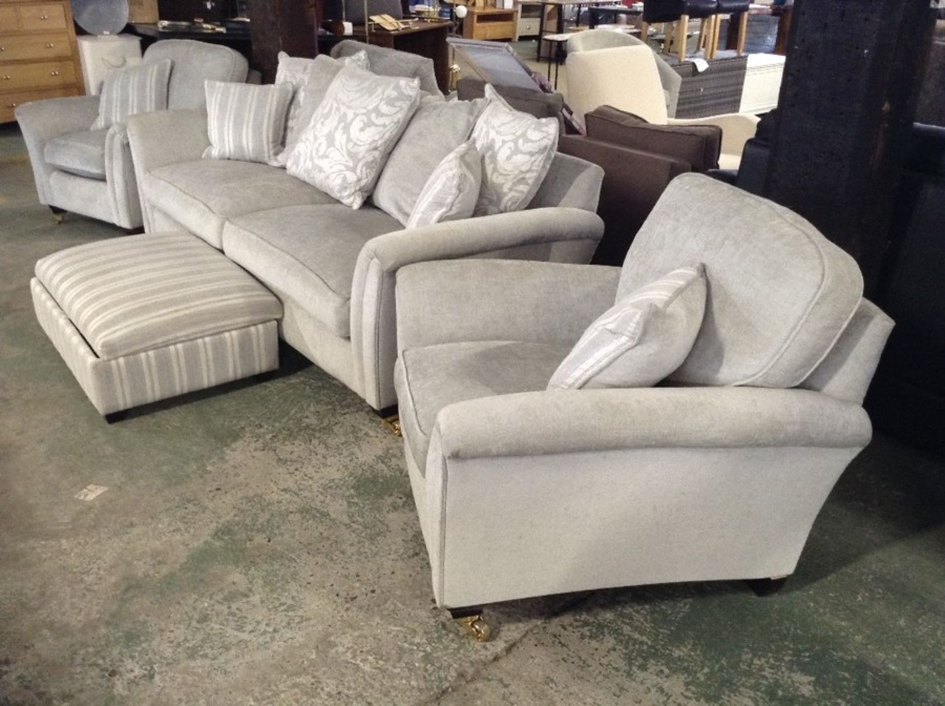 GREY FABRIC 3 SEATER, 2 CHAIRS & STRIPED FOOT STOO