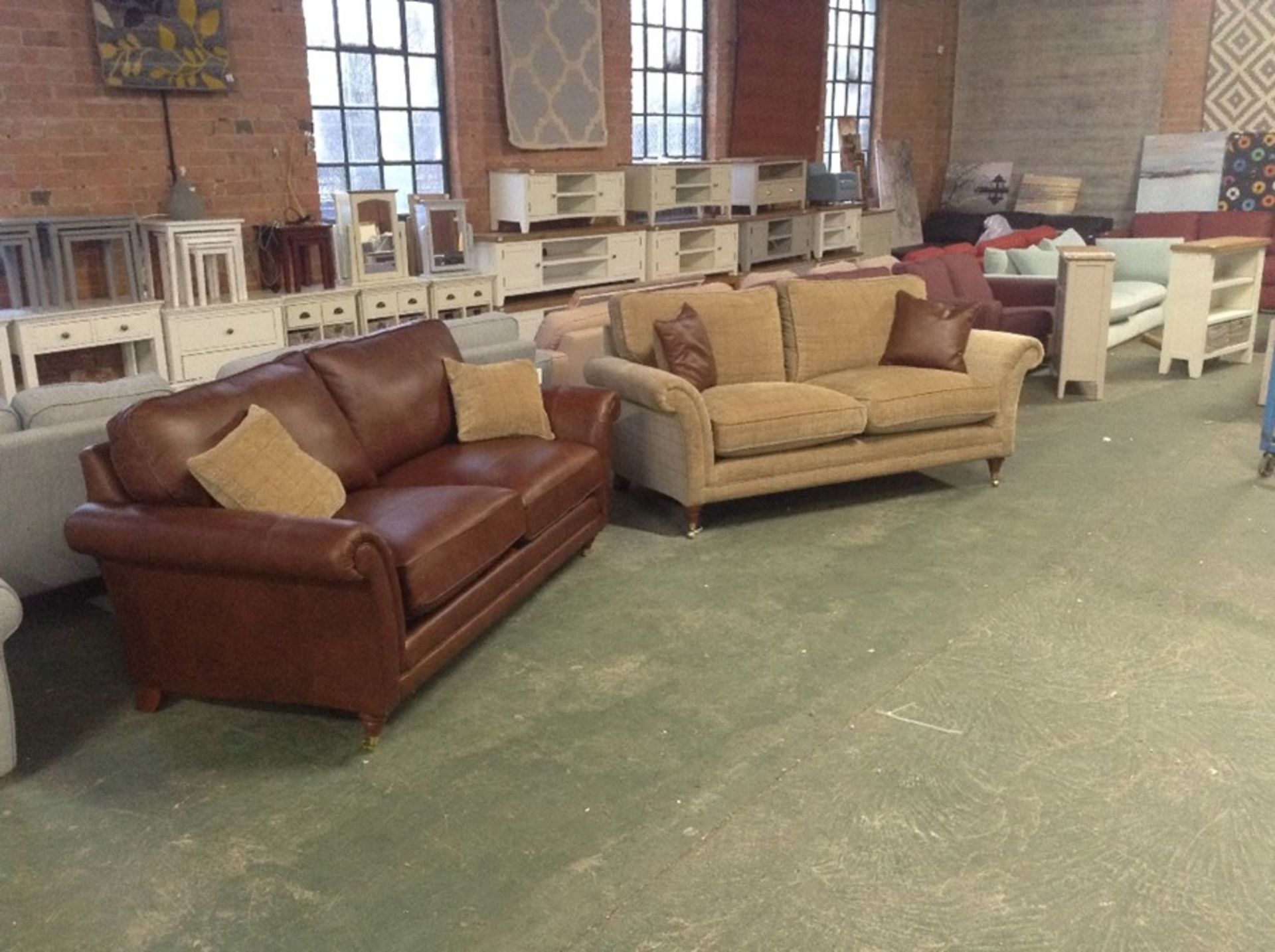BROWN LEATHER 3 SEATER SOFA & BEIGE CHECK 3 SEATER