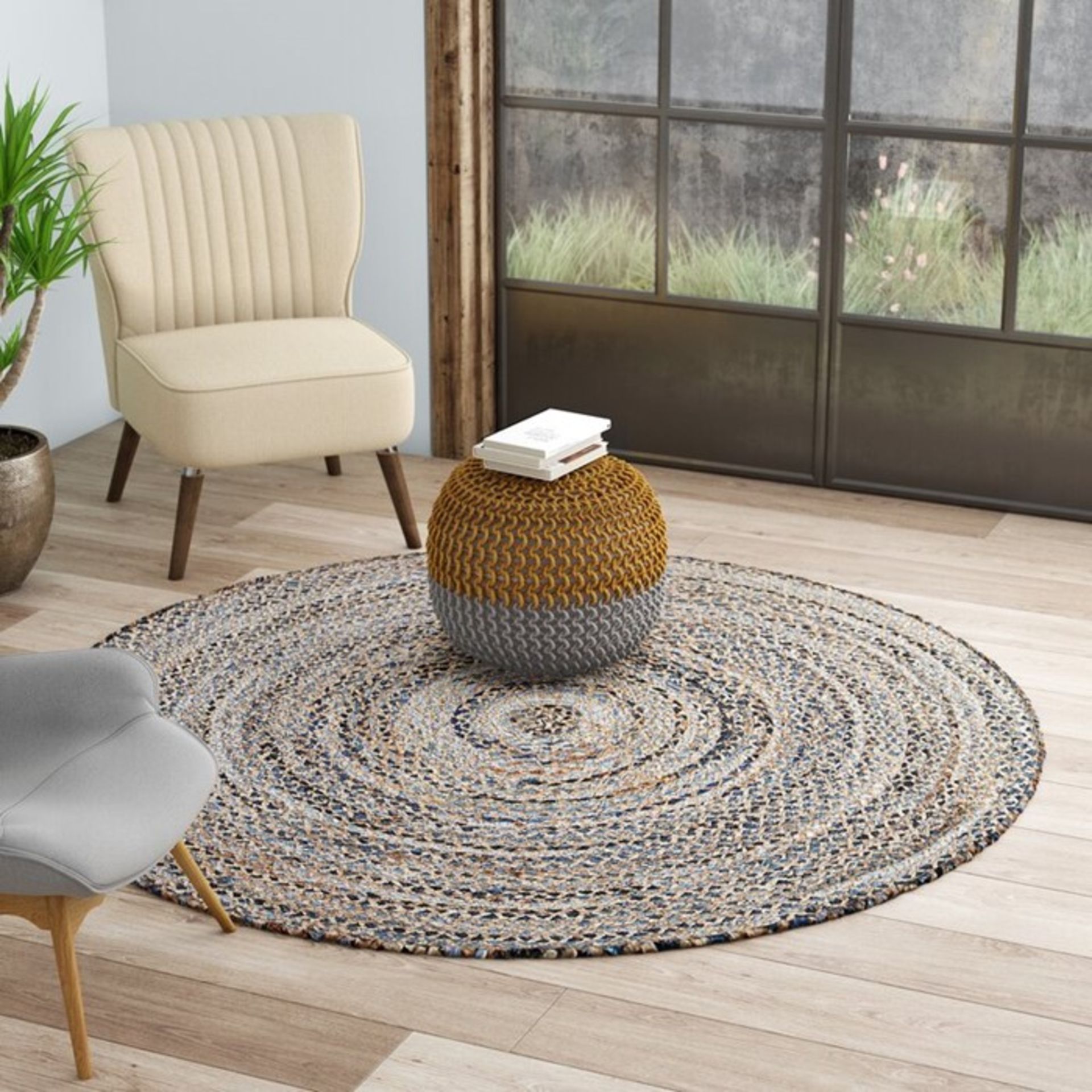 Birch Lane,Bernard Hand-Woven Brown/Blue Area Rug RRP -£202.99 (8ft ROUND) (14006/2 -BLNE1016)