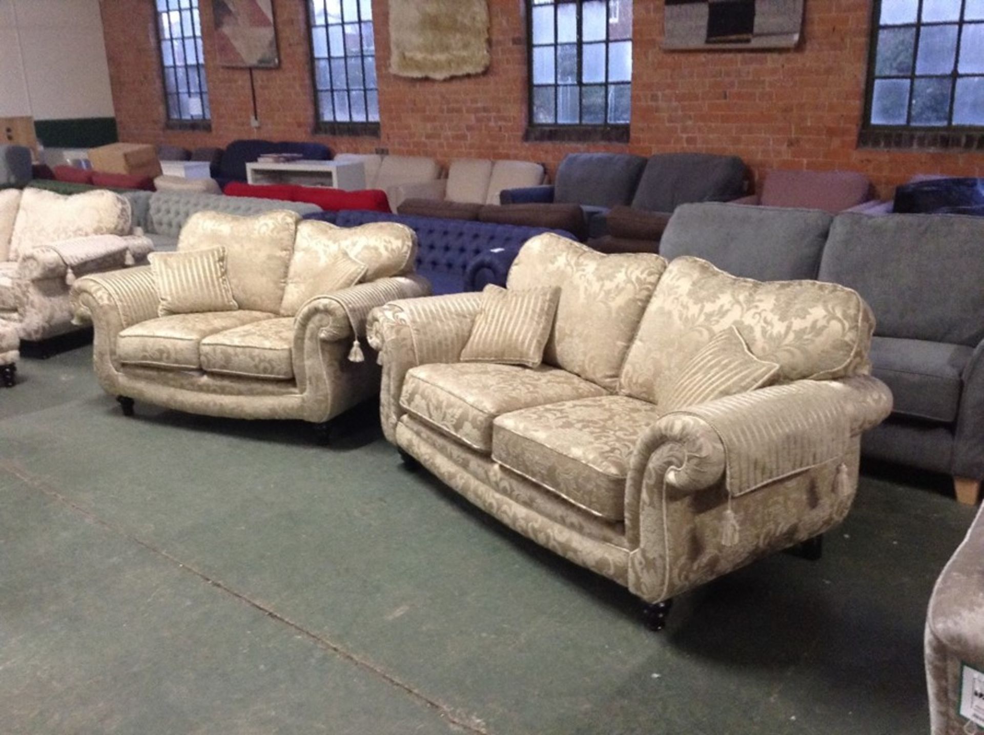 GOLD & FLORAL PATTERNED 3 SEATER SOFA & 2 SEATER S