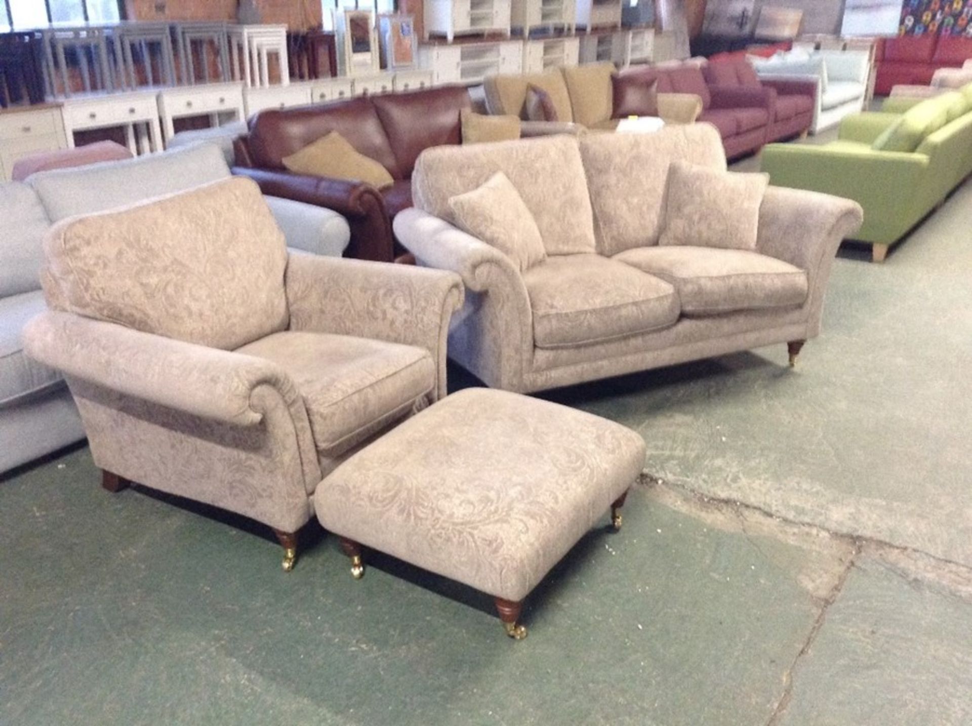 BEIGE FLORAL PATTERENED 2 SEATER SOFA, CHAIR & FOO