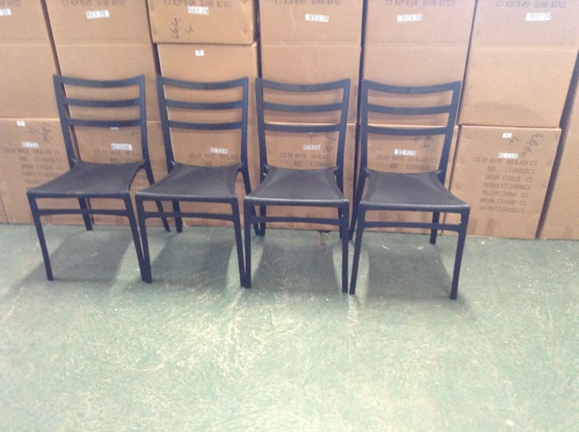 X4 BLACK PLASTIC STACKING CHAIRS (BOXED & RETURN)