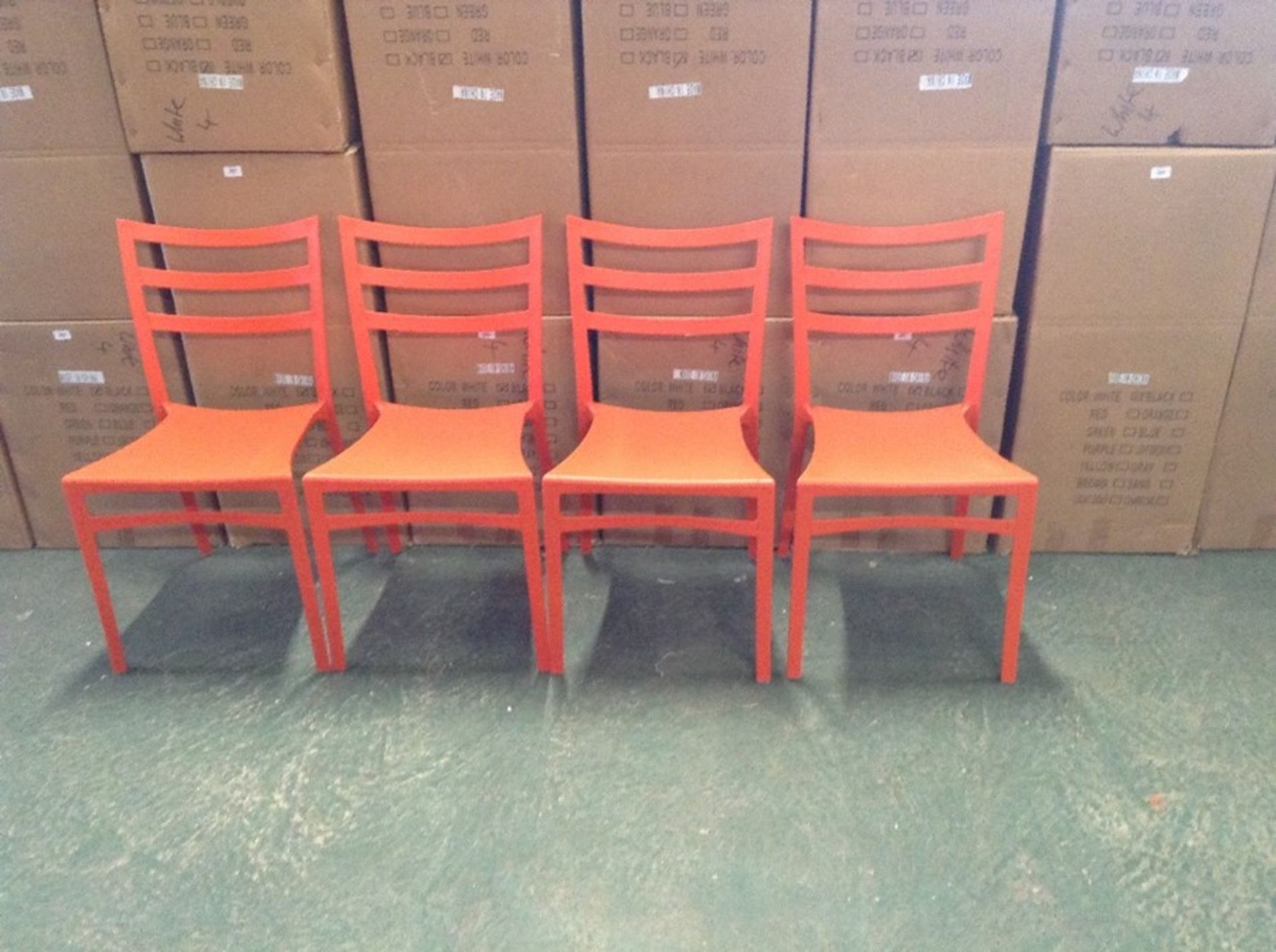 X4 ORANGE PLASTIC STACKING CHAIRS (BOXED & RETURN)