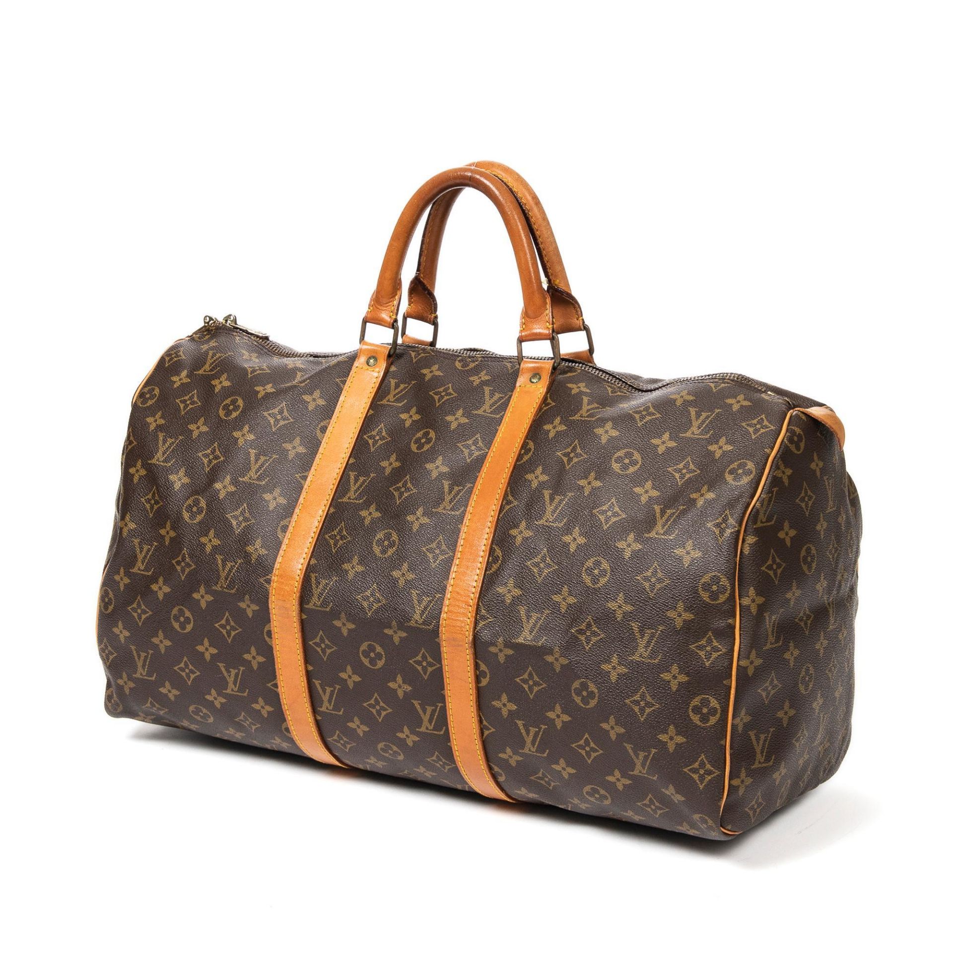 Item name: Louis Vuitton Brown Keepall Shoulder Bag, Size 50, Material Coated Canvas, Straps: Vac