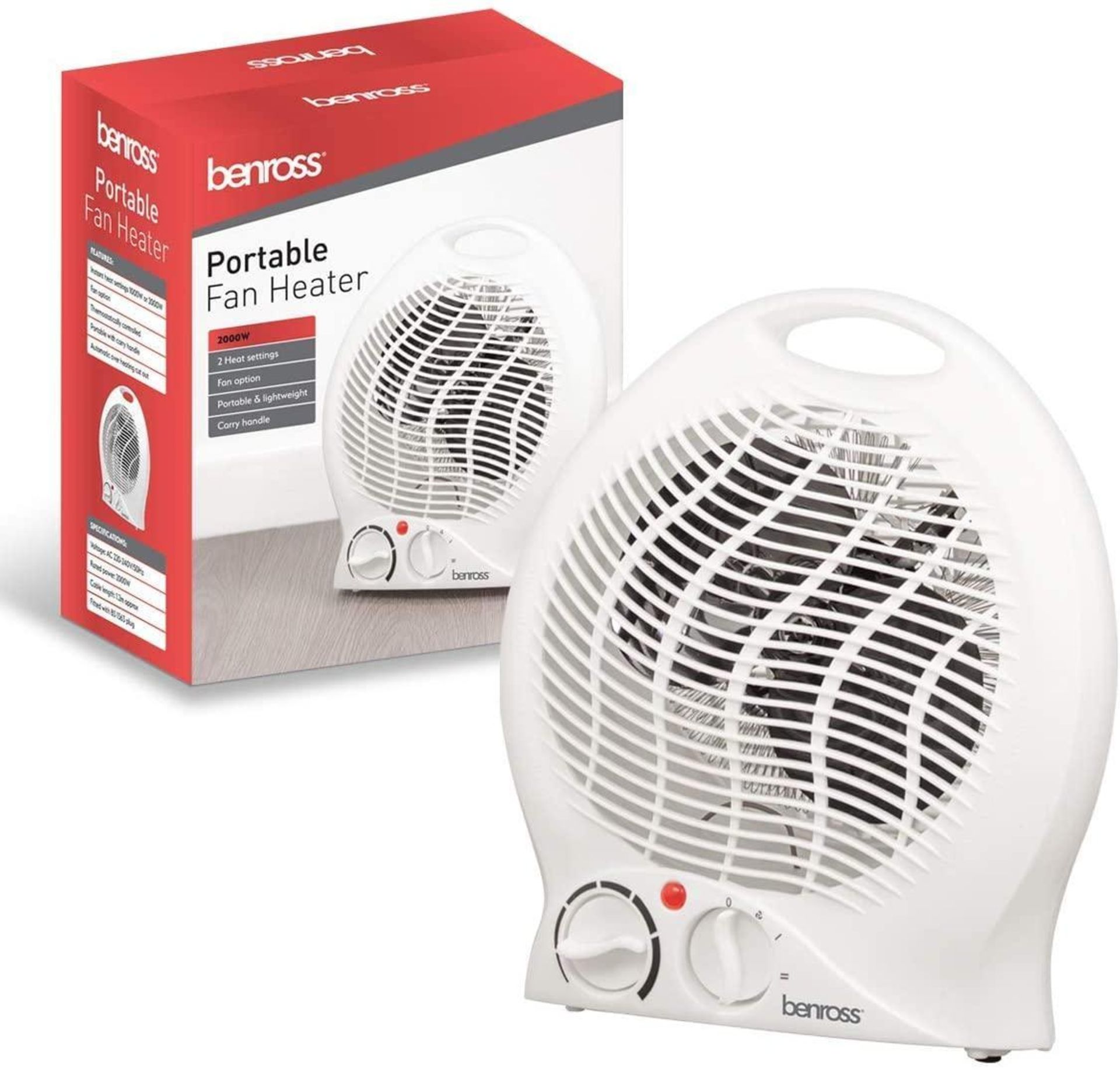 Benross 2000W Portable Fan Heater with Carry Handle White with Heat and Cooling