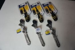 3no. Draper 14-Piece Ratchet Screwdriver and Bit Sets and 3no. Draper 2-Piece Adjustable Wrench