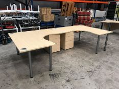 2no. Light Beech Effect Desks, Complete with 2no. Pedestals