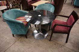 2no. Fabric Bucket Seats, Timber Framed Armchair & Black Glass Topped Table as Lotted