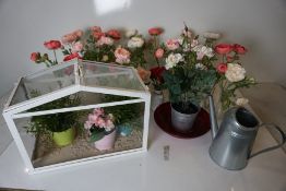 Quantity of Immitation Flowers, Vases, Watering Can and Display Unit