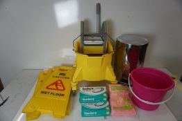 Various Cleaning Sundries Comprising; Mobile Mop Bucket, 3no. Wet Floor Signs, Stainless Steel Pedal