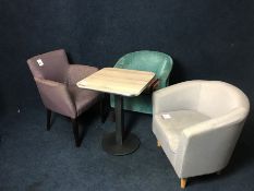 2no. Bucket Seats, Fabric Armchair and Squared Round Table as Lotted