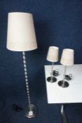 Freestanding Brushed Metal Floor Lamp with Decorative Shade and 2no. Matching Desktop Lamps