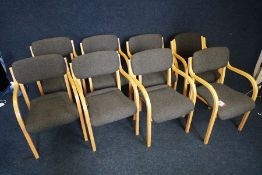 8no. Timber Framed Grey Upholstered Stackable Chairs