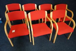 7no. Timber Framed Red Upholstered Stackable Chairs