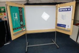 Mobile Lockable Timber Fronted Office Presentation Stand with Whiteboard and 2no. Flipchart Hangers