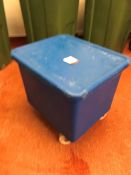 Blue Plastic Mobile Tote Bin with Contents