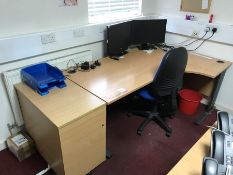 Beech Effect Metal Framed Desk, 3-drawer Pedestal, Mobile Office Armchair, 2no. Dell Monitors