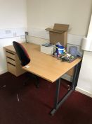 Beech Effect Metal Framed Desk & Mobile Office Armchair & Pedestal, Contents Not Included
