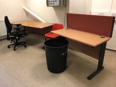 2no. Metal Framed Beech Effect Desks, 2no. Stacking Chairs, Bin & Mobile Office Armchair